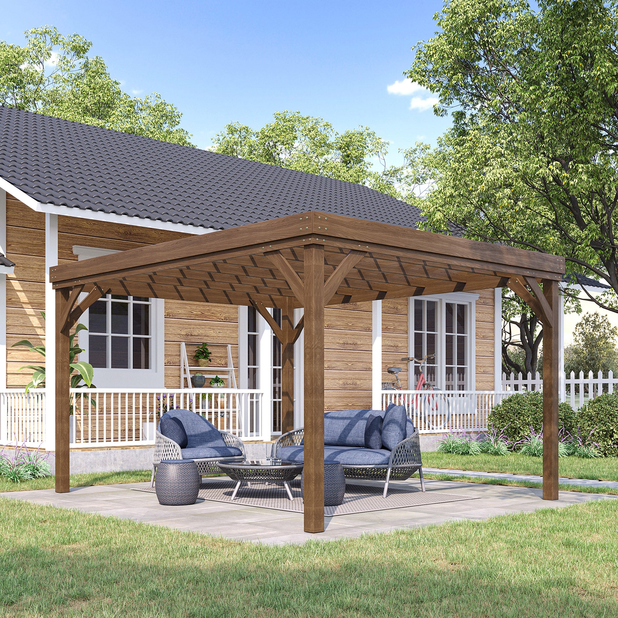 10' x 12' Outdoor Wooden Pergola, Grape Vine Gazebo with Concrete Anchors for Garden, Patio, Backyard, Deck, Brown