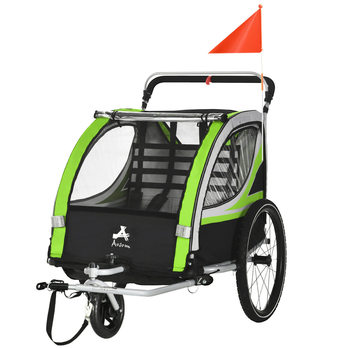 2-in-1 Walk/Ride Child Baby Bike Trailer for Kids 2 Seater, High-Visibility Bike Stroller for Toddler Wagon, Weather-Strong Double Bicycle Trailer Accessory, Green