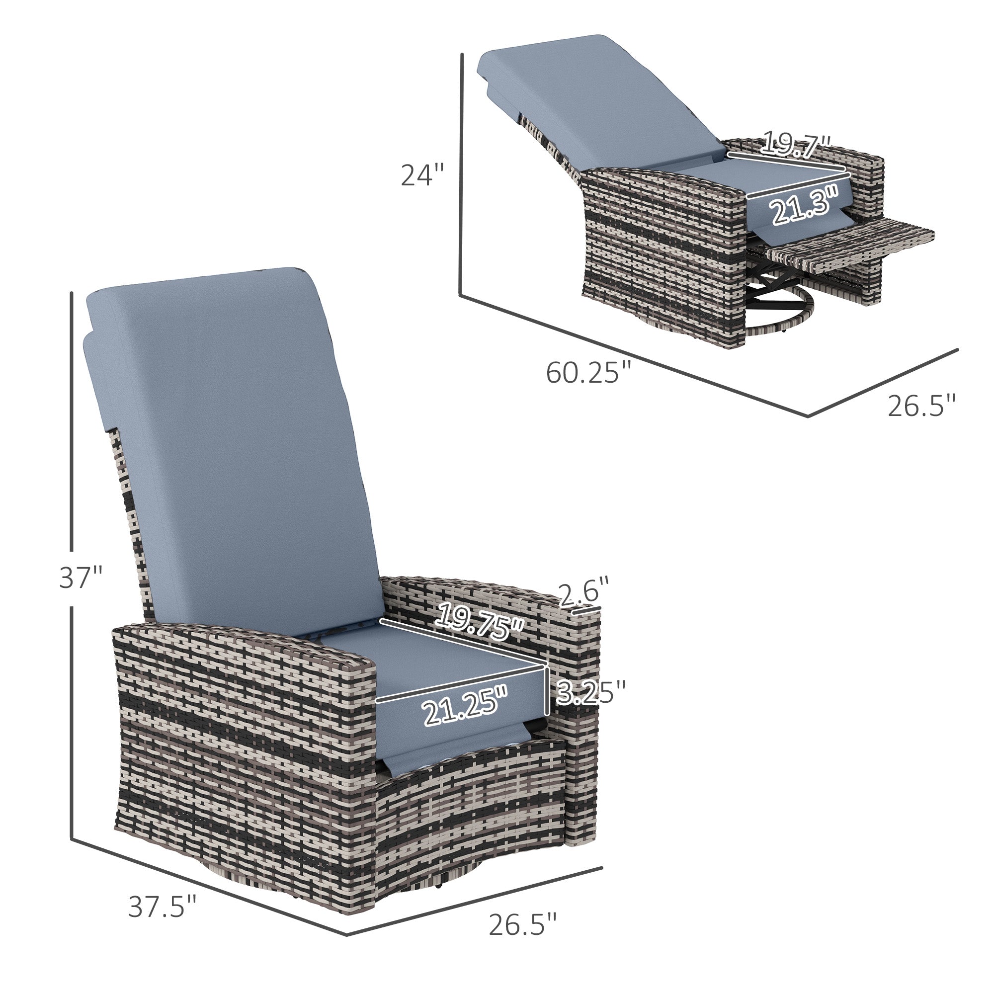 Outdoor Wicker Swivel Recliner Chair, Lifting Footrest, 360° Rotating Basic, Water-resistant Cushions, Gray