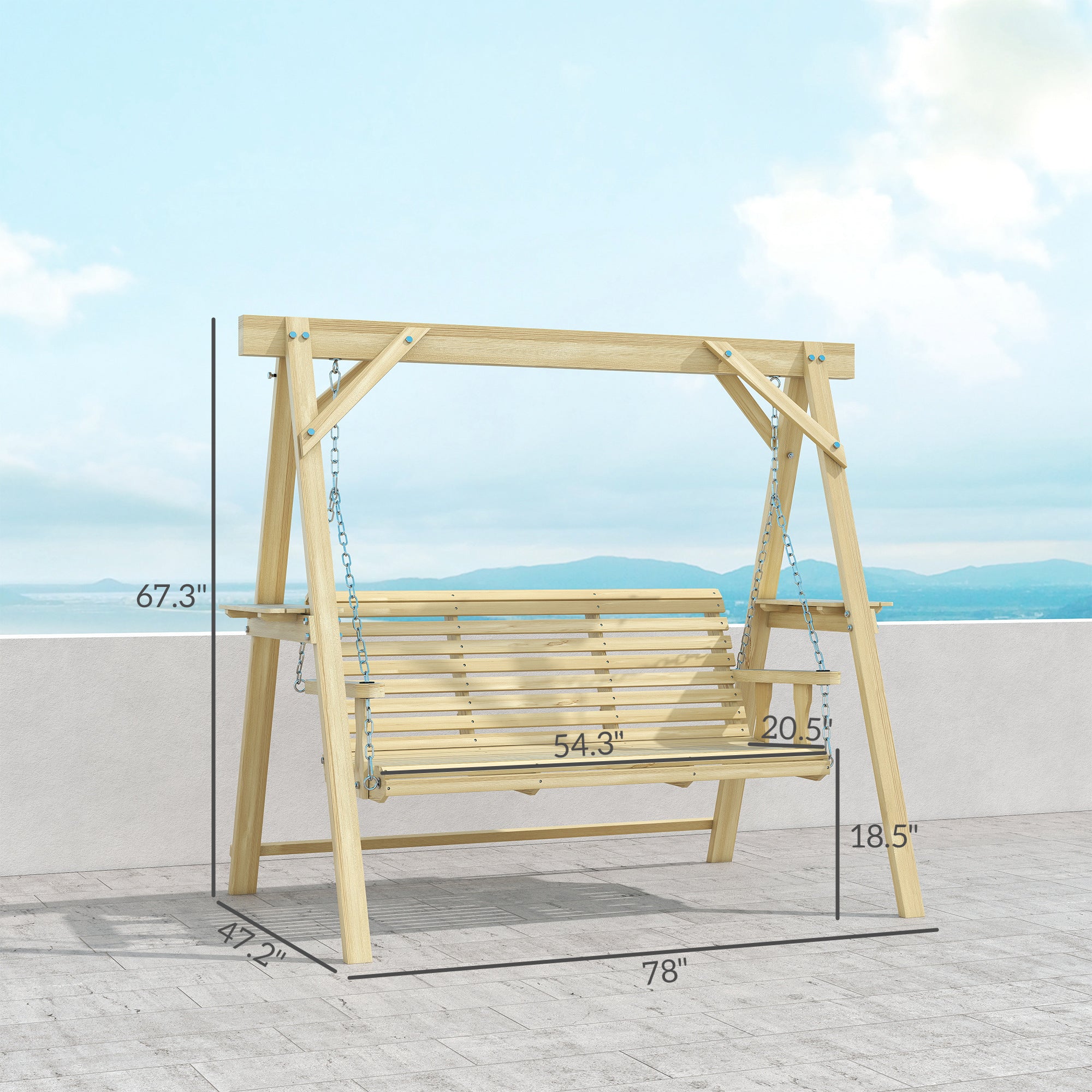 3 Seat Wooden Porch Swing with Stand, Patio Swing with Side Tables, for Garden, Poolside, Backyard, Natural Wood