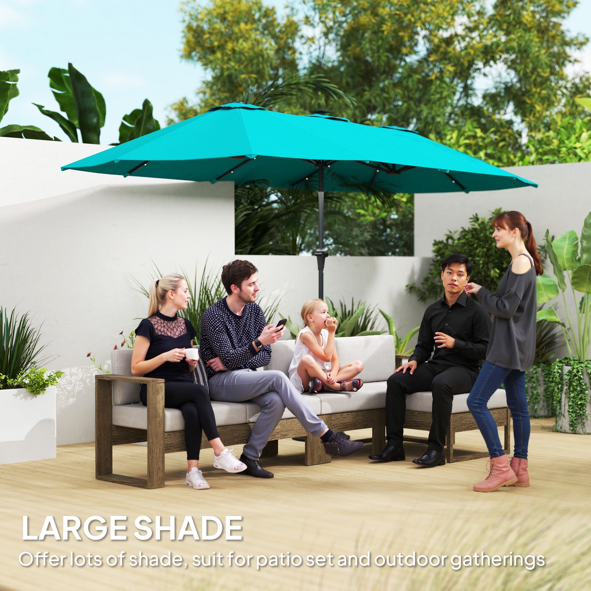 13ft Double-Sided Market Umbrella, Large Patio Umbrella with Solar Lights, Crank Handle for Garden, Pool, Yard, Blue