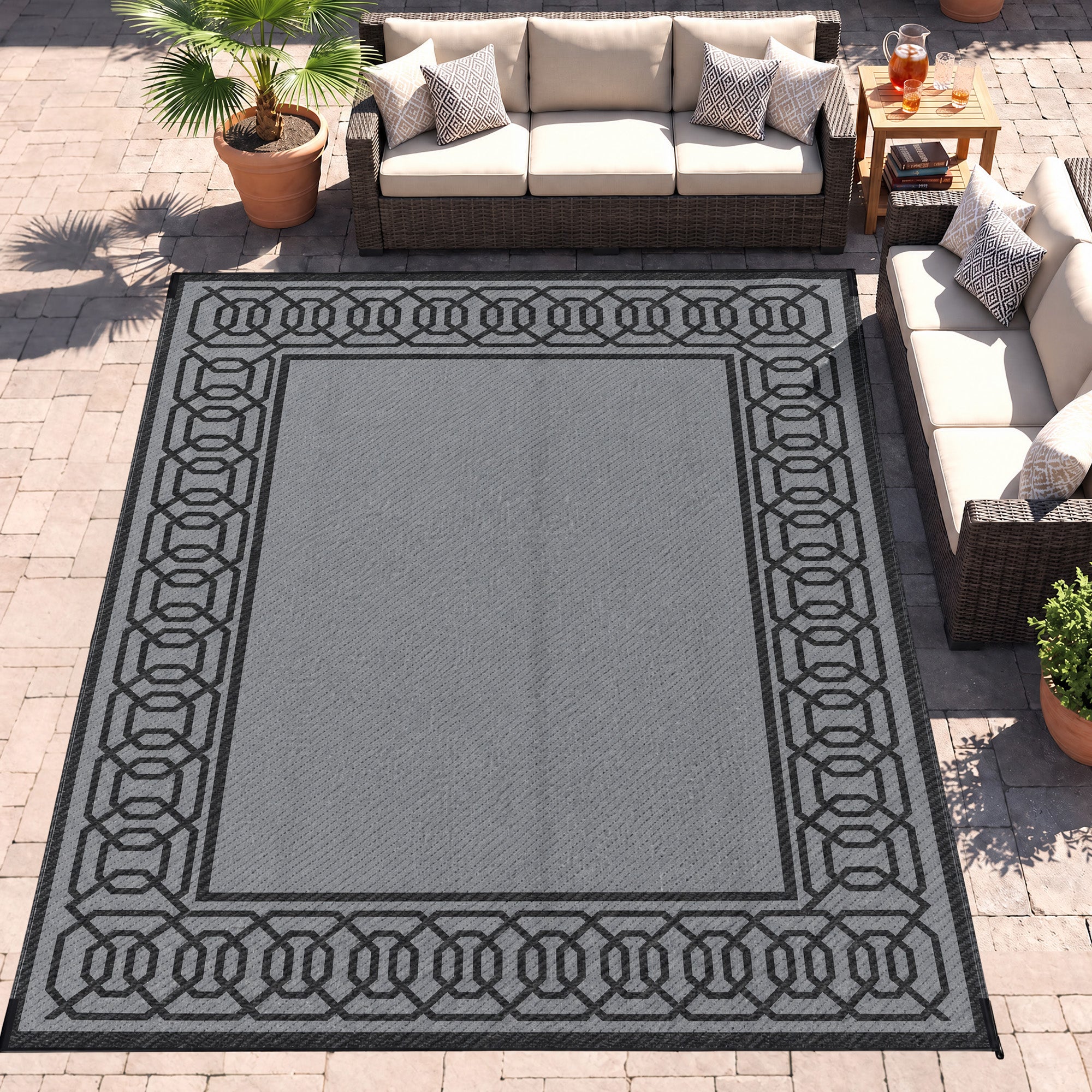 Outdoor Rug for Patio, 9' x 12' Waterproof Large Mat, Reversible Plastic Straw Rug for Decor, Portable Outside RV Camping Area Carpet Mat for Backyard Porch Deck Picnic, Black & Gray Border