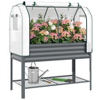 Galvanised Raised Garden Bed with Greenhouse Cover, Metal Elevated Garden Bed with Bed Liner, Bottom Shelf, Dark Gray