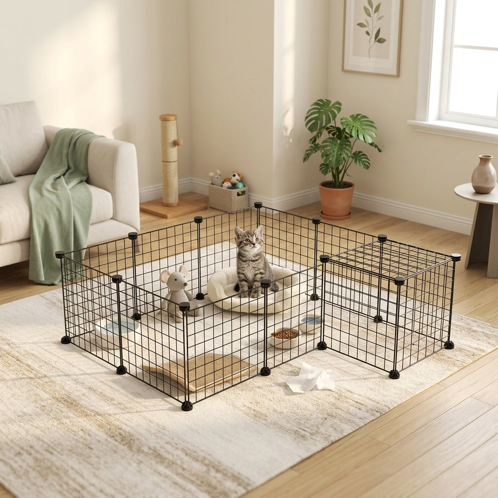 36 Panels Small Animal Playpen with Door, DIY C & C Cage for Guinea Pigs with Ramp, Portable Metal Wire Yard for Rabbit, Hedgehogs, 14 x 14 in