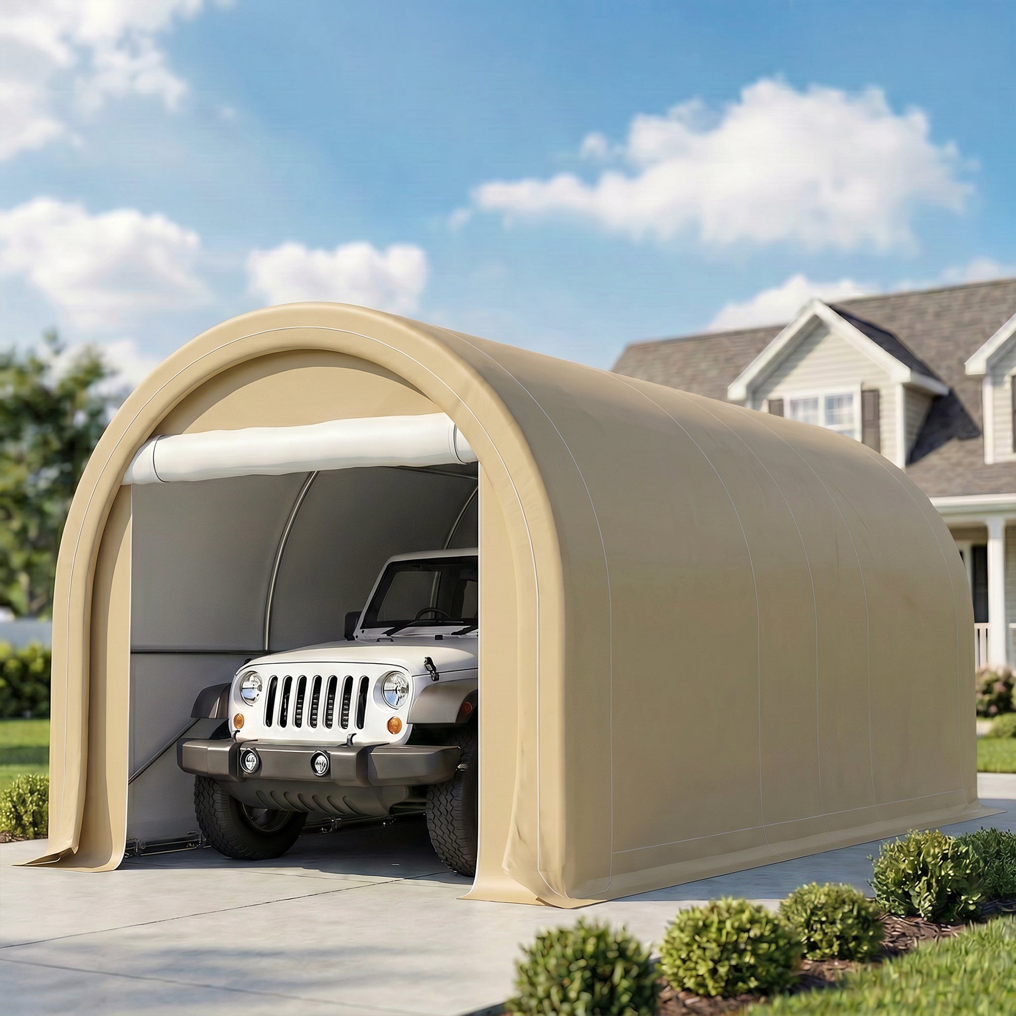 10' x 16' Carport, Heavy Duty Portable Garage Storage Tent with Large Zippered Door, Anti-UV PE Canopy Cover for Car, Truck, Boat, Motorcycle, Bike, Garden Tools, Outdoor Work, Beige