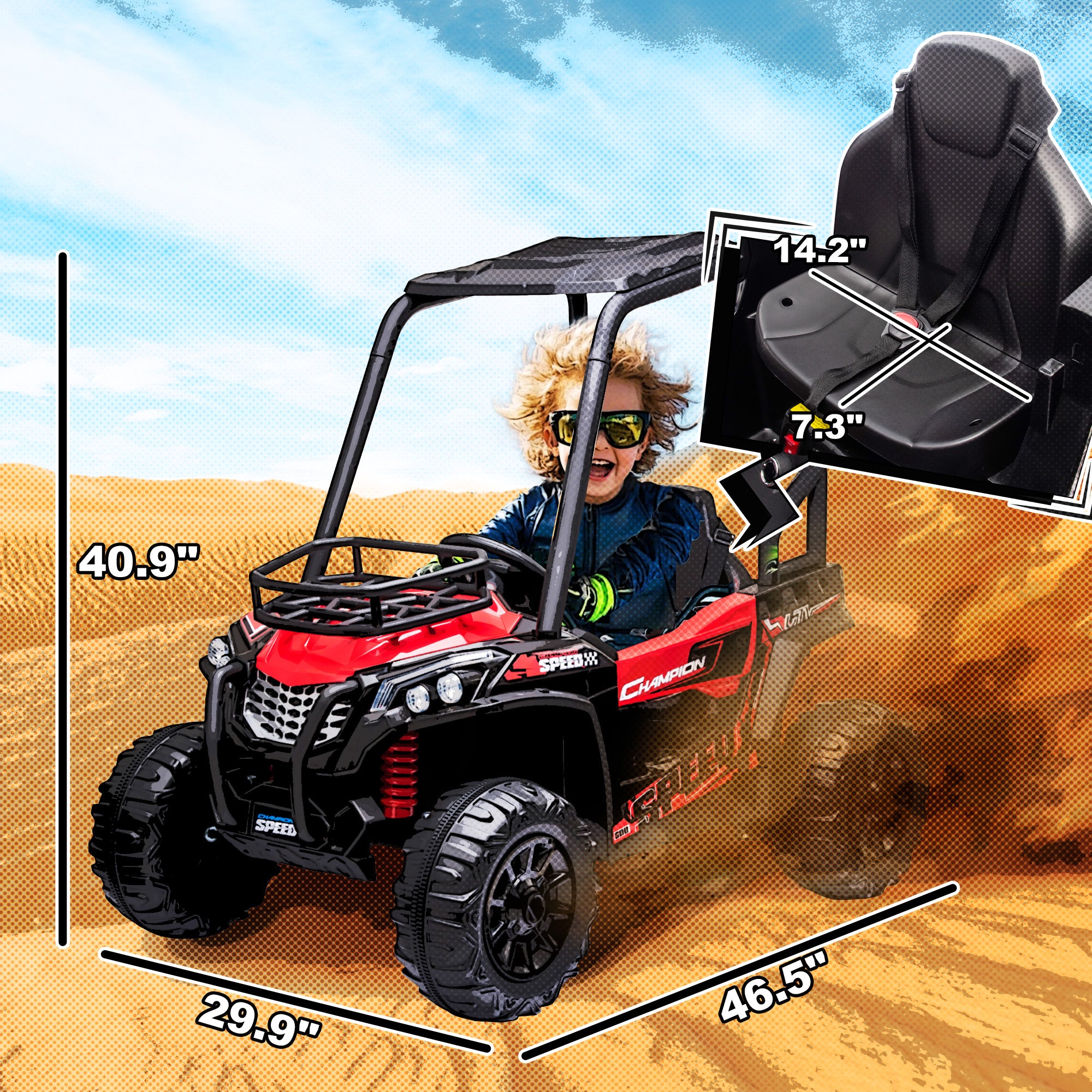 12V Kids UTV with Music, Lights, MP3/USB, Suspension System, Remote Control, Red
