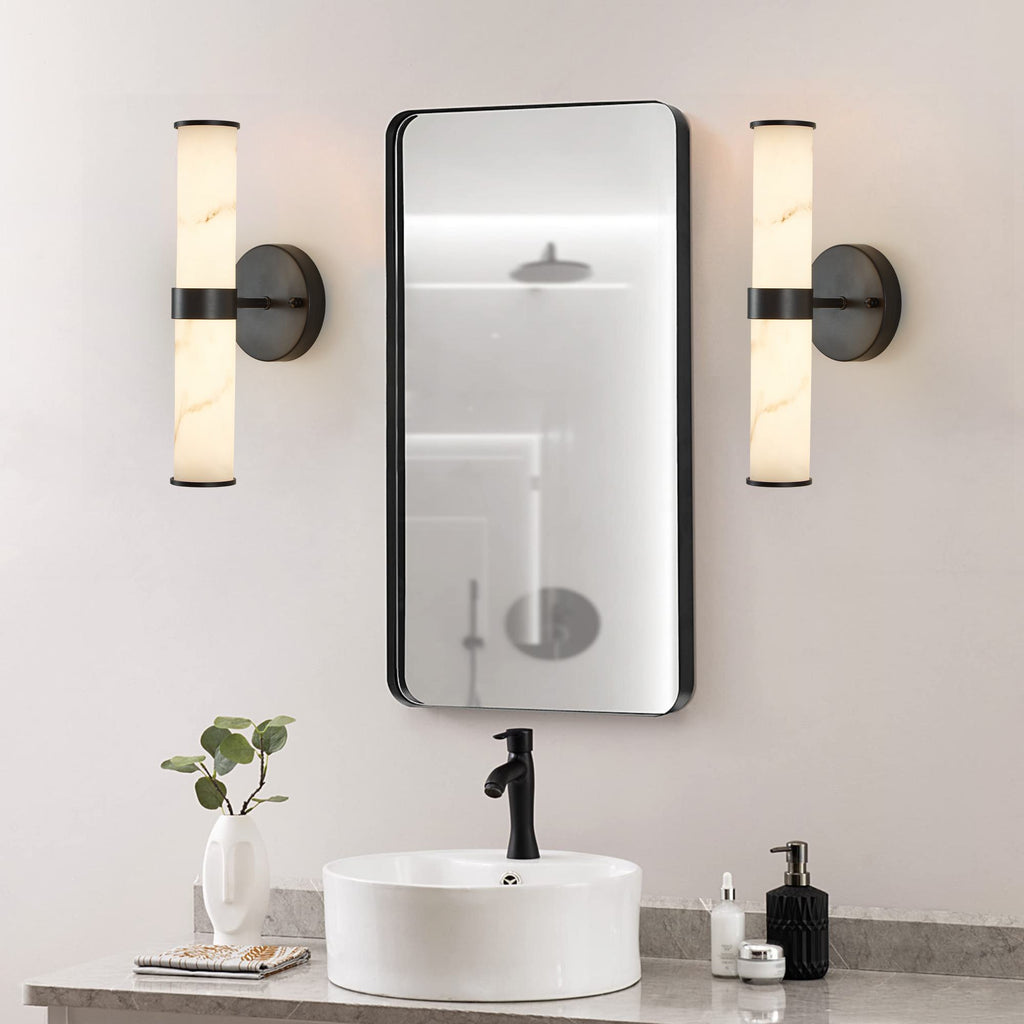 Set of 2 Resin Marble Texture Wall Lights with Iron Metal Frame, Elegant Lighting Fixtures for Hallways, Bedrooms, 5" L x 5.5" W x 14" H, Black
