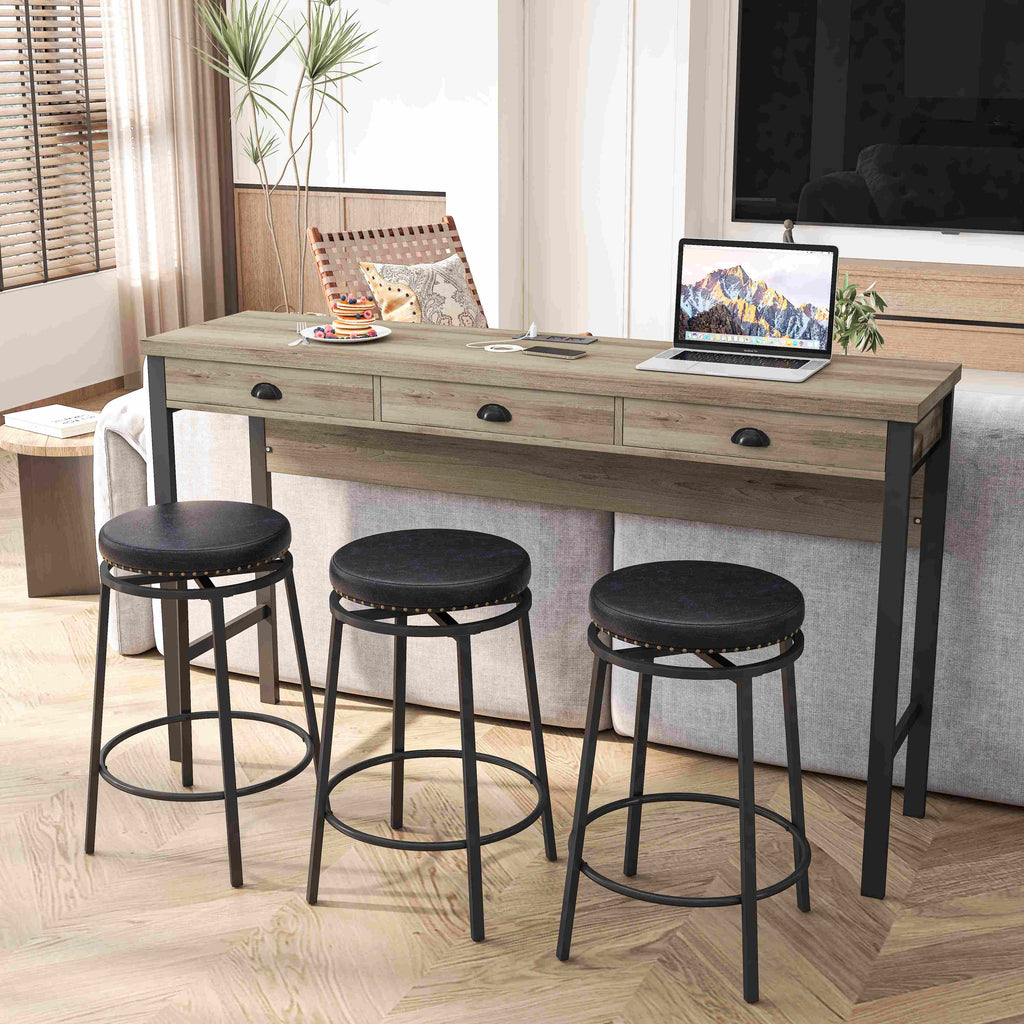 3-Drawer Long Dining Table Set with Power Outlets, Circular PU Stools, Easy Assemble, 60.24"L x 15.75"W x 35.43"H, Black
