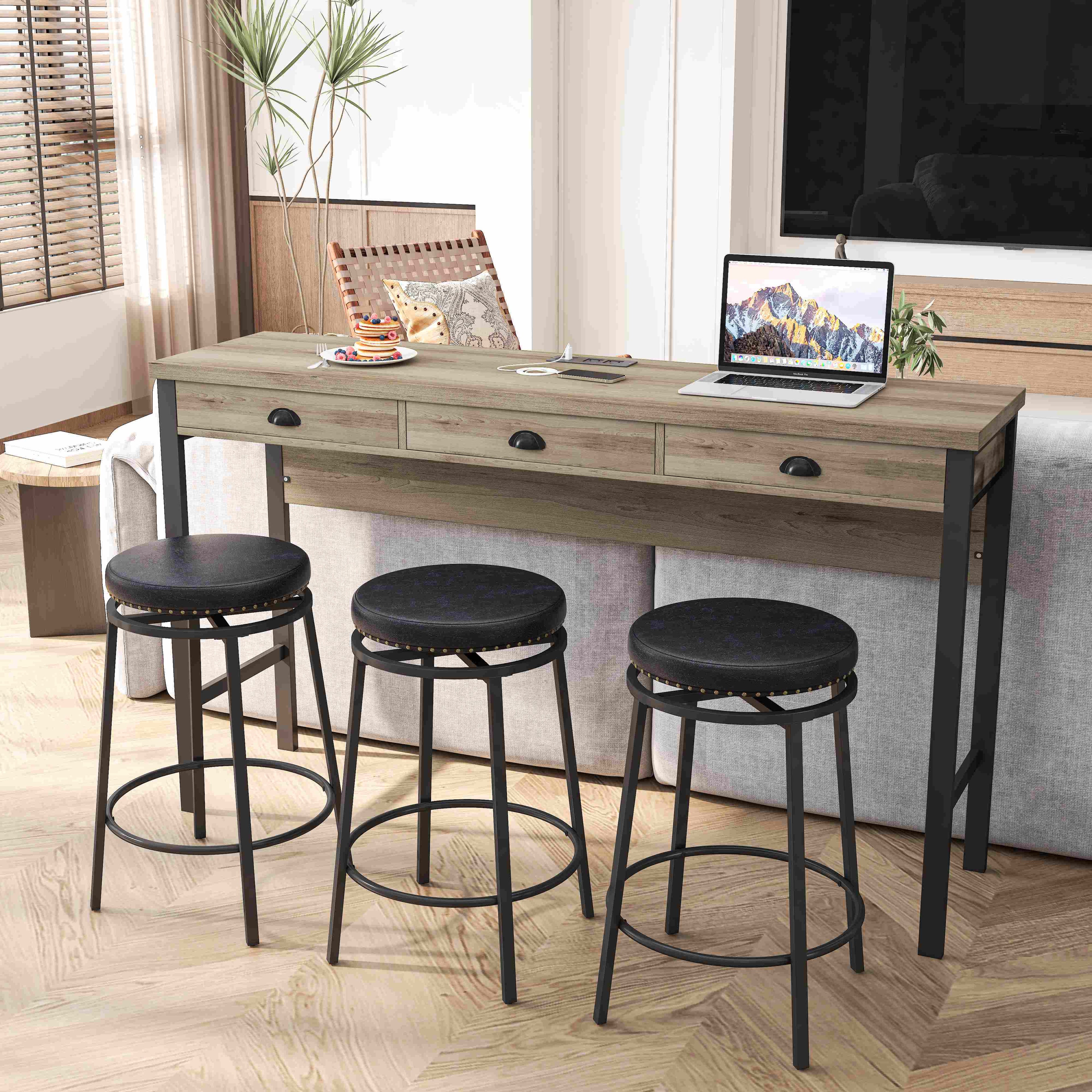 3-Drawer Long Dining Table Set with Power Outlets, Circular PU Stools, Easy Assemble, 60.24"L x 15.75"W x 35.43"H, Black