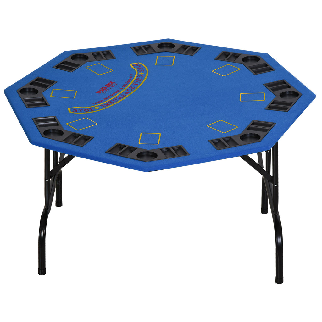Poker Table Foldable, 47" Octagon Blackjack Poker Game Table for 8 Players with Cup Holders and Chips Tray, Blue Felt