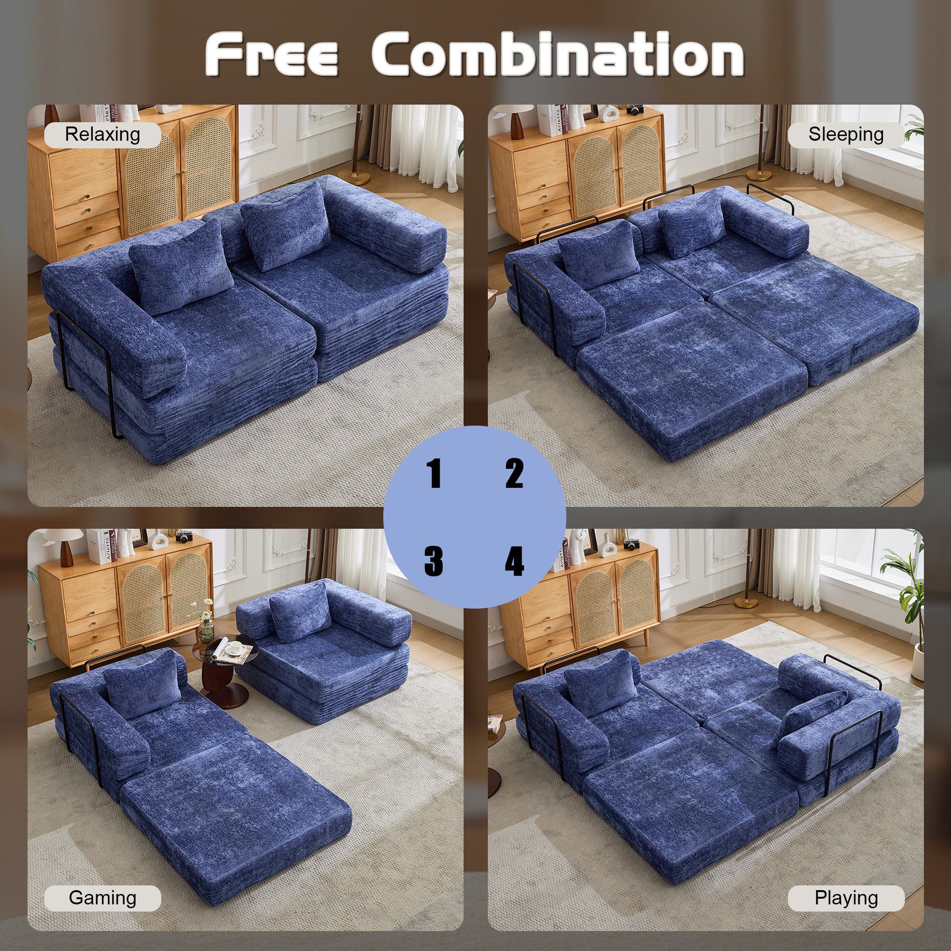 Convertible Sofa Bed Floor Sofa with Fixed-Shape Frame and Chenille Fabric, Compressed Sofa for Living Room, 79" L x 39.5" W x 25" H, Dark Blue