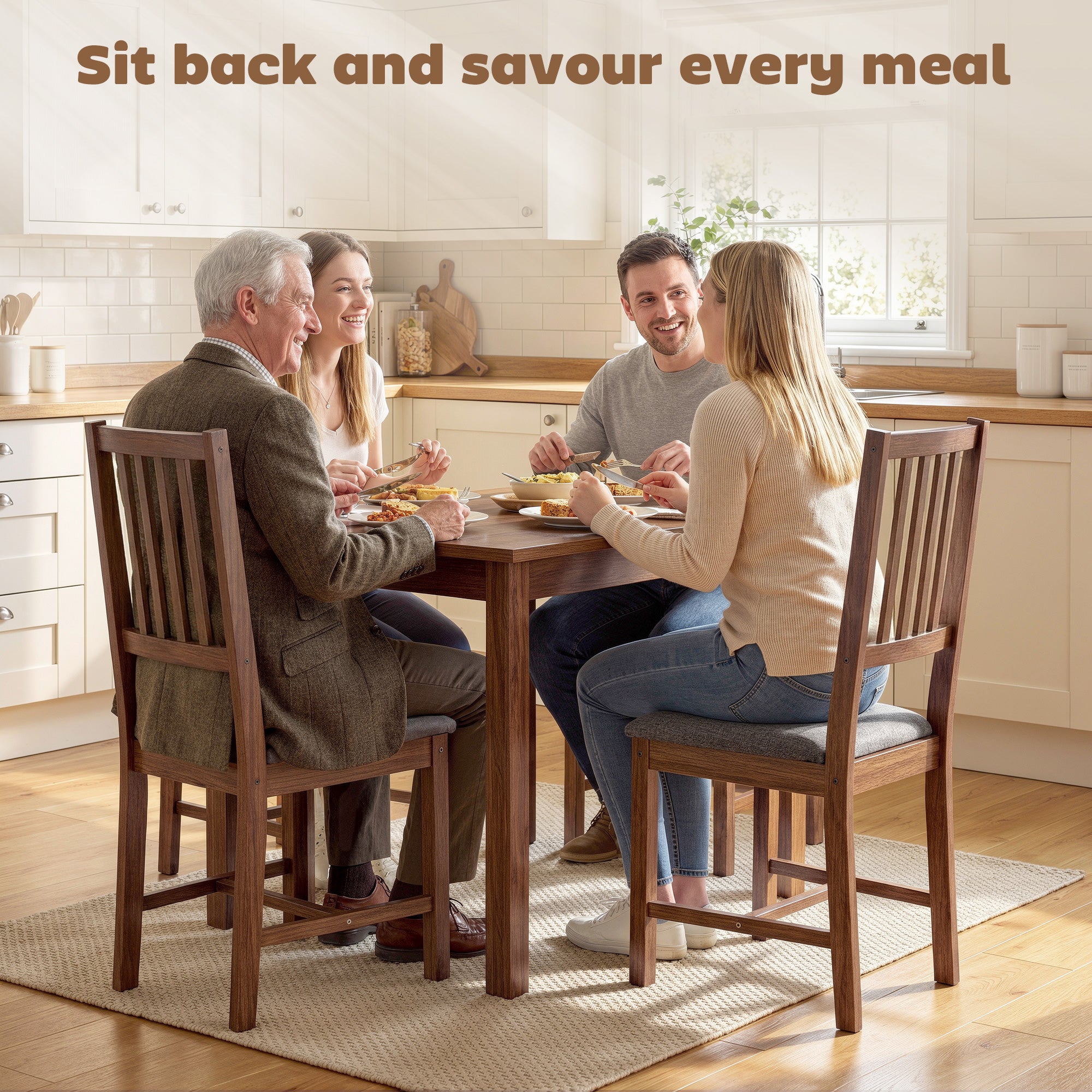 Set of 4 Dining Chairs, Upholstered Dining Room Chairs with Rubberwood Legs for Kitchen, Farmhouse Walnut