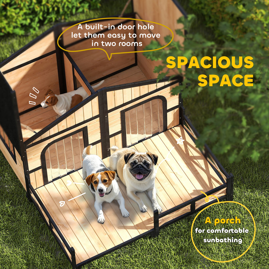 Dog House Outdoor, Wooden Dog Kennel Weatherproof with Porch, Openable Roof, Removable Bottom, Elevated Floor, Double Room for 2 Small to Medium Breeds, Natural