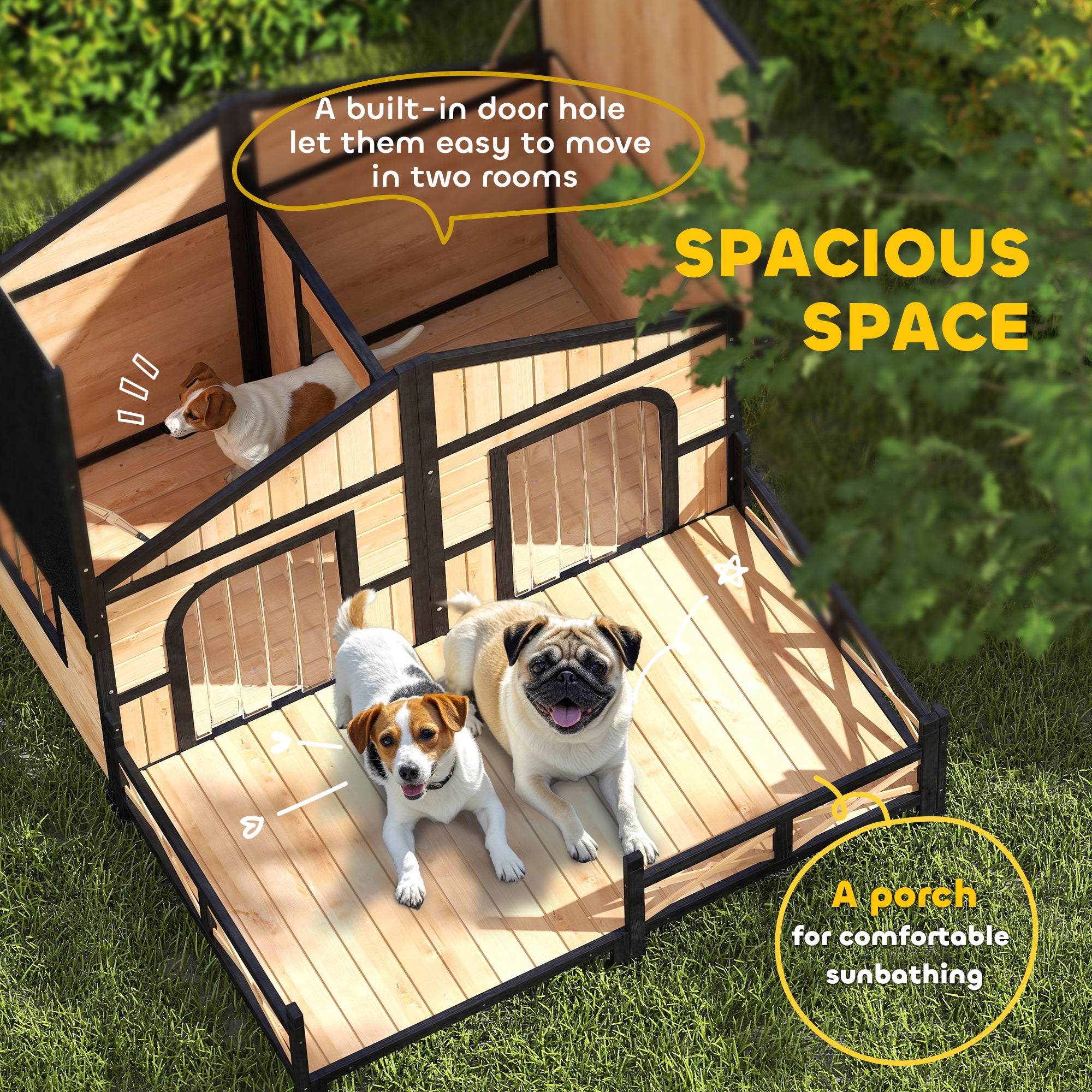 Dog House Outdoor, Wooden Dog Kennel Weatherproof with Porch, Openable Roof, Removable Bottom, Elevated Floor, Double Room for 2 Small to Medium Breeds, Natural