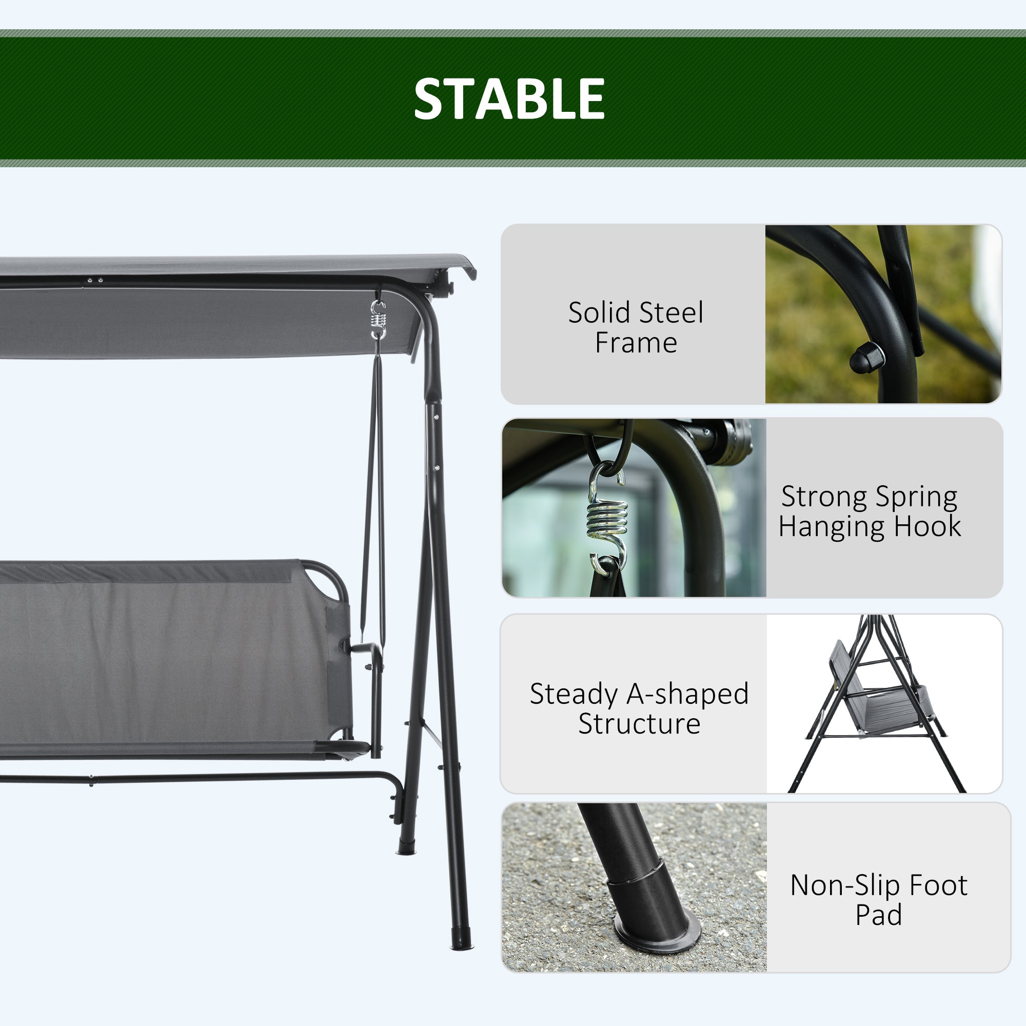 3-Person Porch Swing with Stand, Outdoor Swing for Patio Porch with Adjustable Tilt Canopy and Comfortable Swing Bench-Style Seat, Steel Frame, Gray