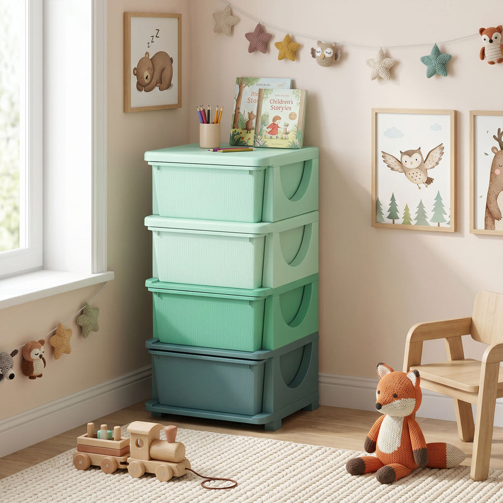 4 Tier Kids Storage Unit, Toy Organizers and Storage with 4 Drawer for Bedroom Nursery Living Room for Boys Girls Green