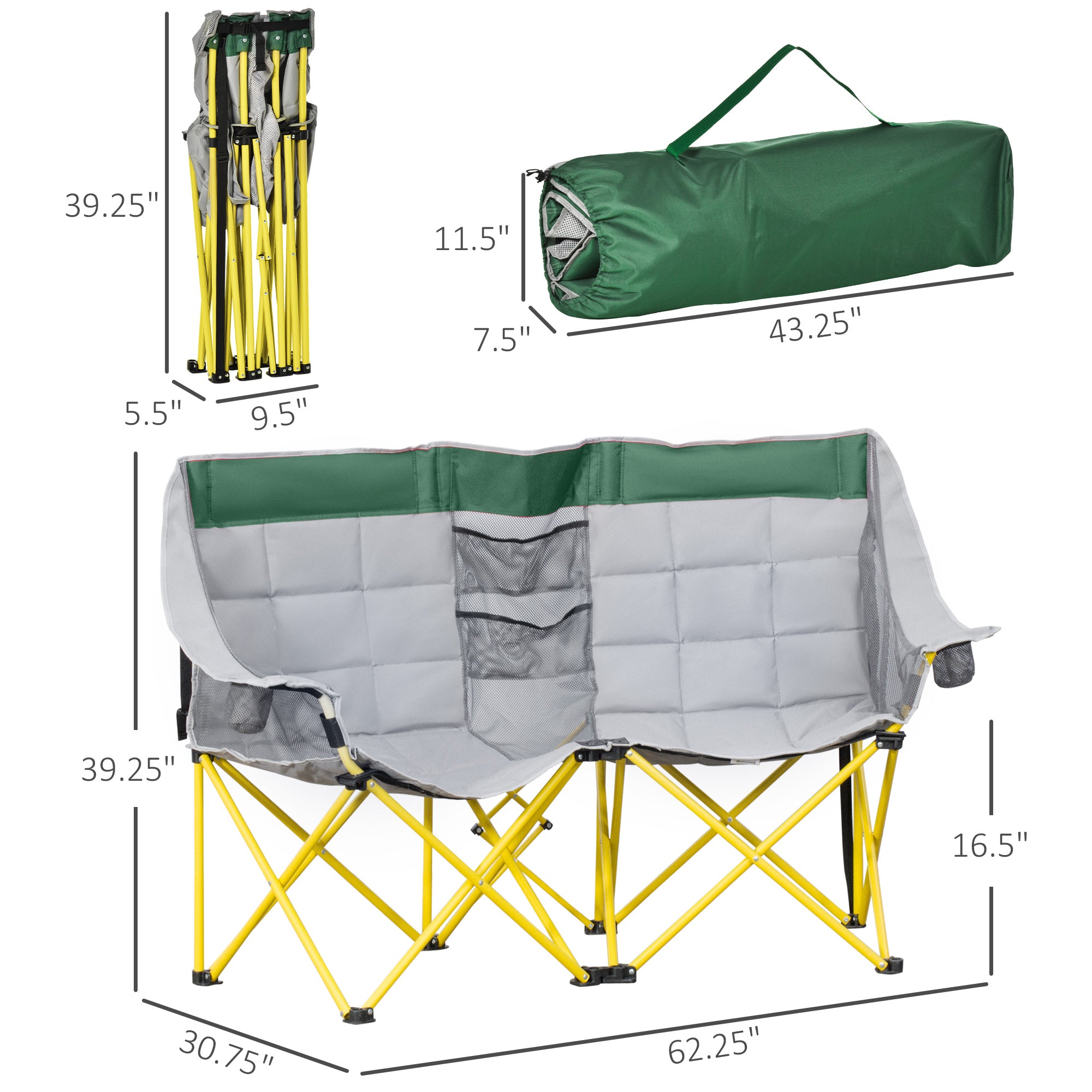 Loveseat Style Camping Chair, Oversized Folding Lawn Chair with Carry Bag & Cup Holders, for Outdoor, Green & Gray