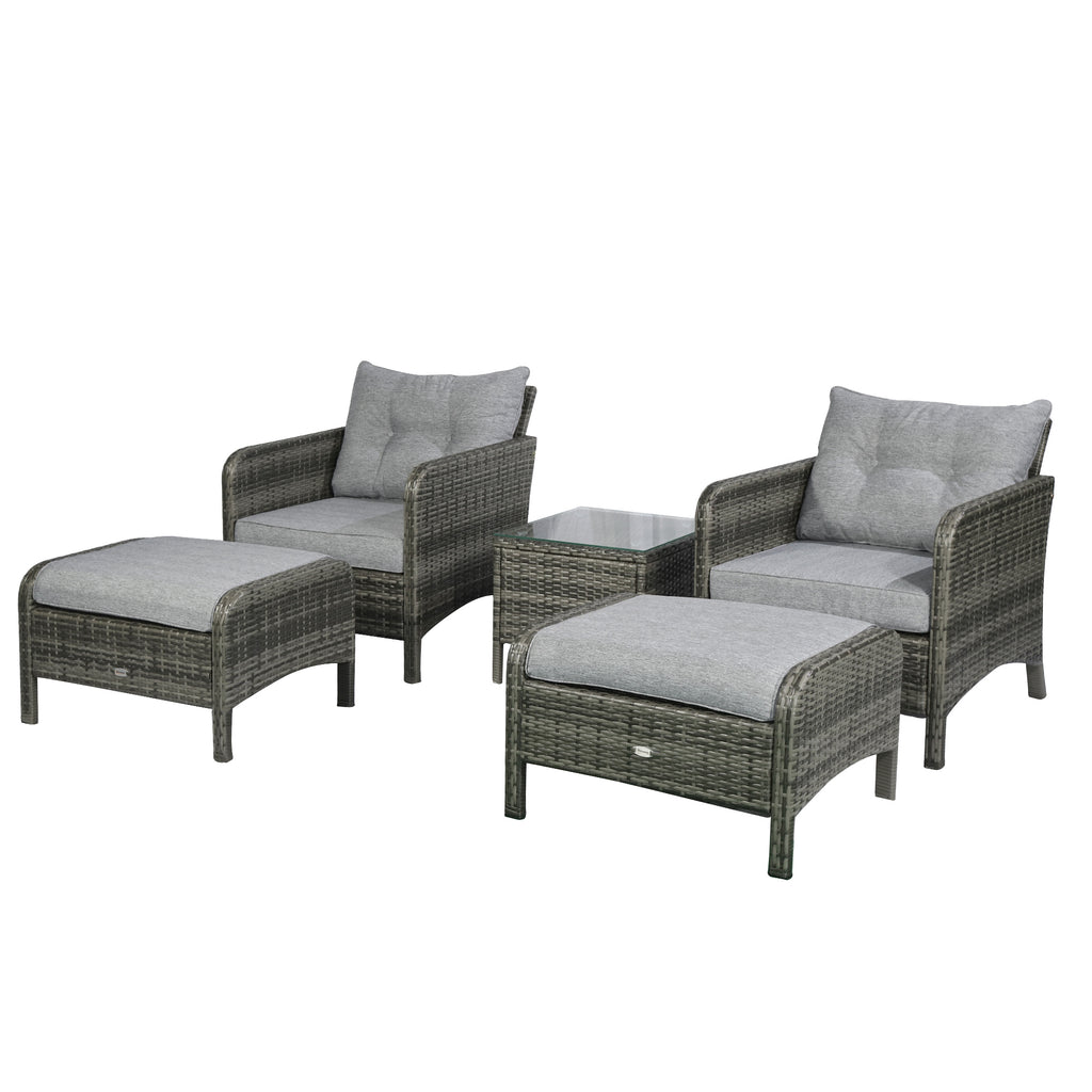 5 Pieces Rattan Wicker Lounge Chair Outdoor Patio Conversation Set with 2 Cushioned Chairs, 2 Ottomans and Tempered Glass Top Coffee Table, Gray/Light Gray