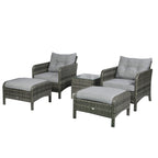 5 Pieces Rattan Wicker Lounge Chair Outdoor Patio Conversation Set with 2 Cushioned Chairs, 2 Ottomans and Tempered Glass Top Coffee Table, Gray/Light Gray