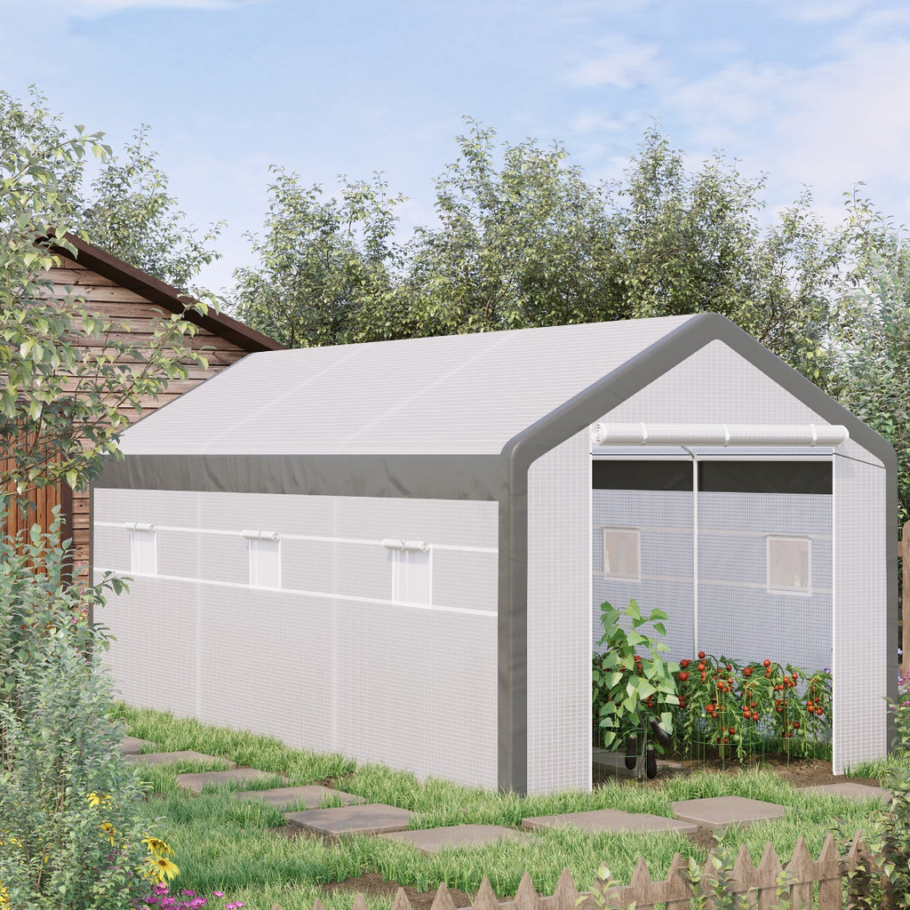 20' x 10' x 9' Walk-in Greenhouse, Outdoor Garden Warm Hot House with 6 Roll-up Windows, 2 Zippered Doors and Weather Cover, White