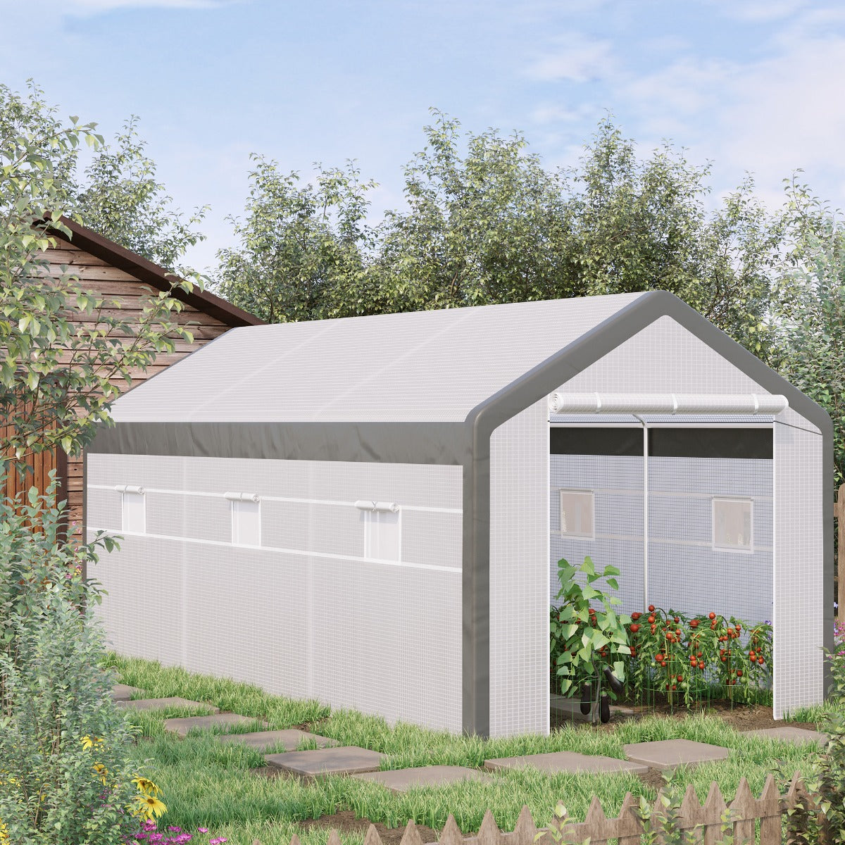 20' x 10' x 9' Walk-in Greenhouse, Outdoor Garden Warm Hot House with 6 Roll-up Windows, 2 Zippered Doors and Weather Cover, White