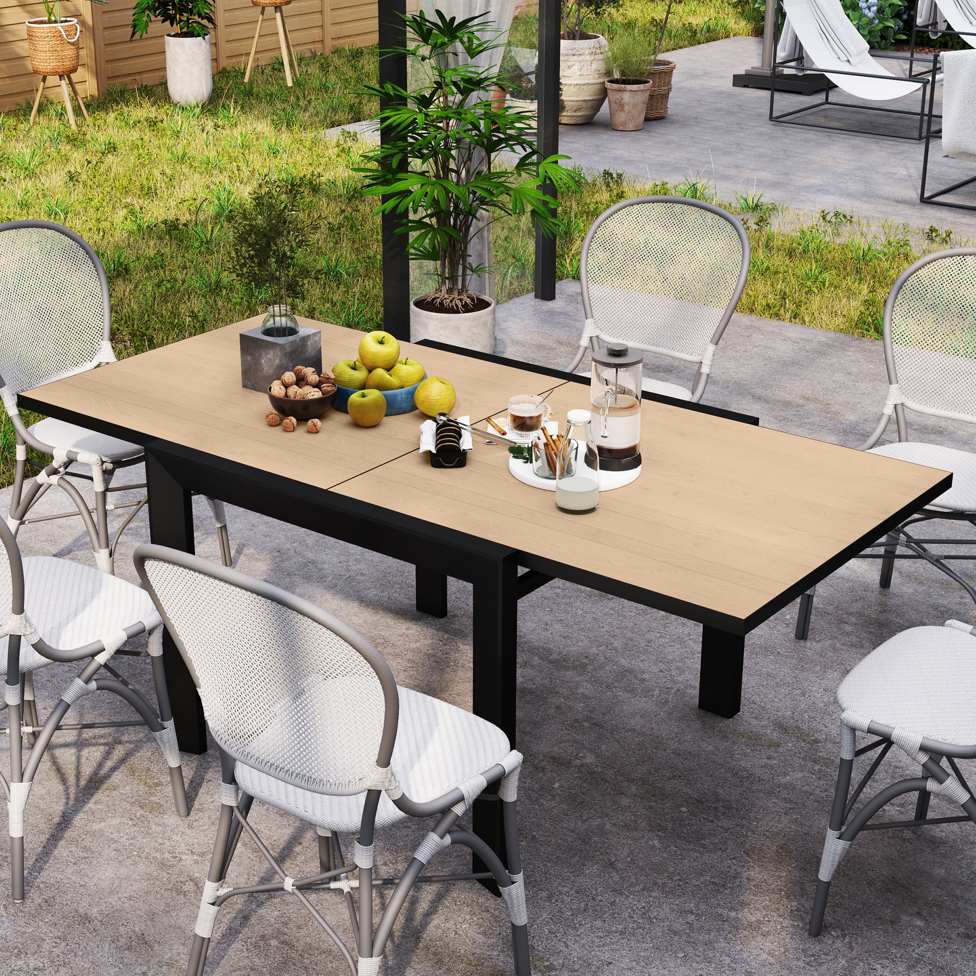 35.5"-71" Expandable Outdoor Dining Table for 4-6 People, Aluminum Patio Table with Slatted Wood Grain Top, Natural