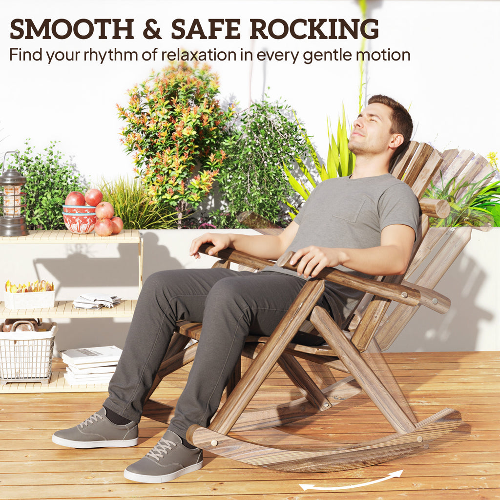 Outdoor Wooden Rocking Chair, Single-Person Adirondack Rocking Patio Chair with Rustic High Back, Slatted Seat and Backrest for Indoor, Backyard, Garden, Carbonized
