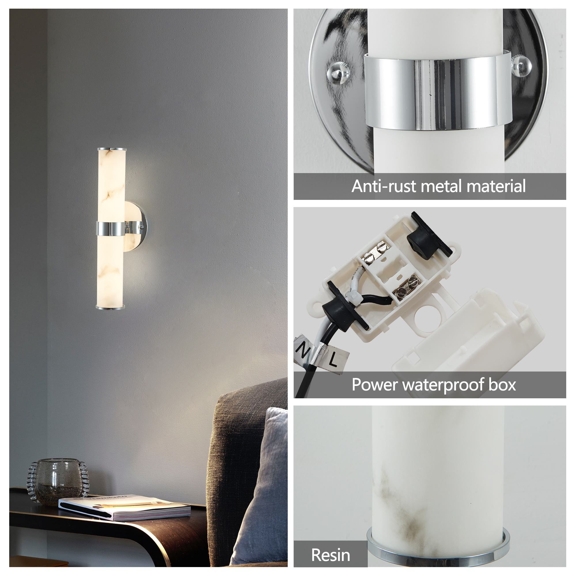Set of 2 Resin Imitation Marble Wall Sconce, Modern Vertical Light Fixture for Bathrooms, Hallways, Bedrooms, 5" L x 5.5" W x 14" H, Silver