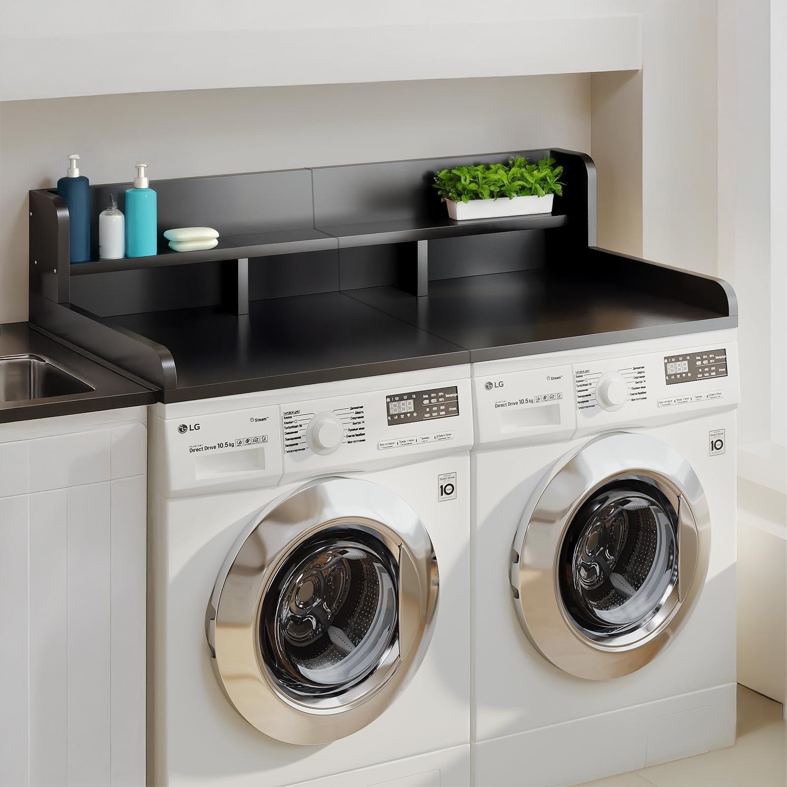 Washer Dryer Countertop with Non-slip Pads, Laundry Wood Shelf Topper with Edge, Double Layer Organizer, 54" L x 27.5" W x 12" H, Black