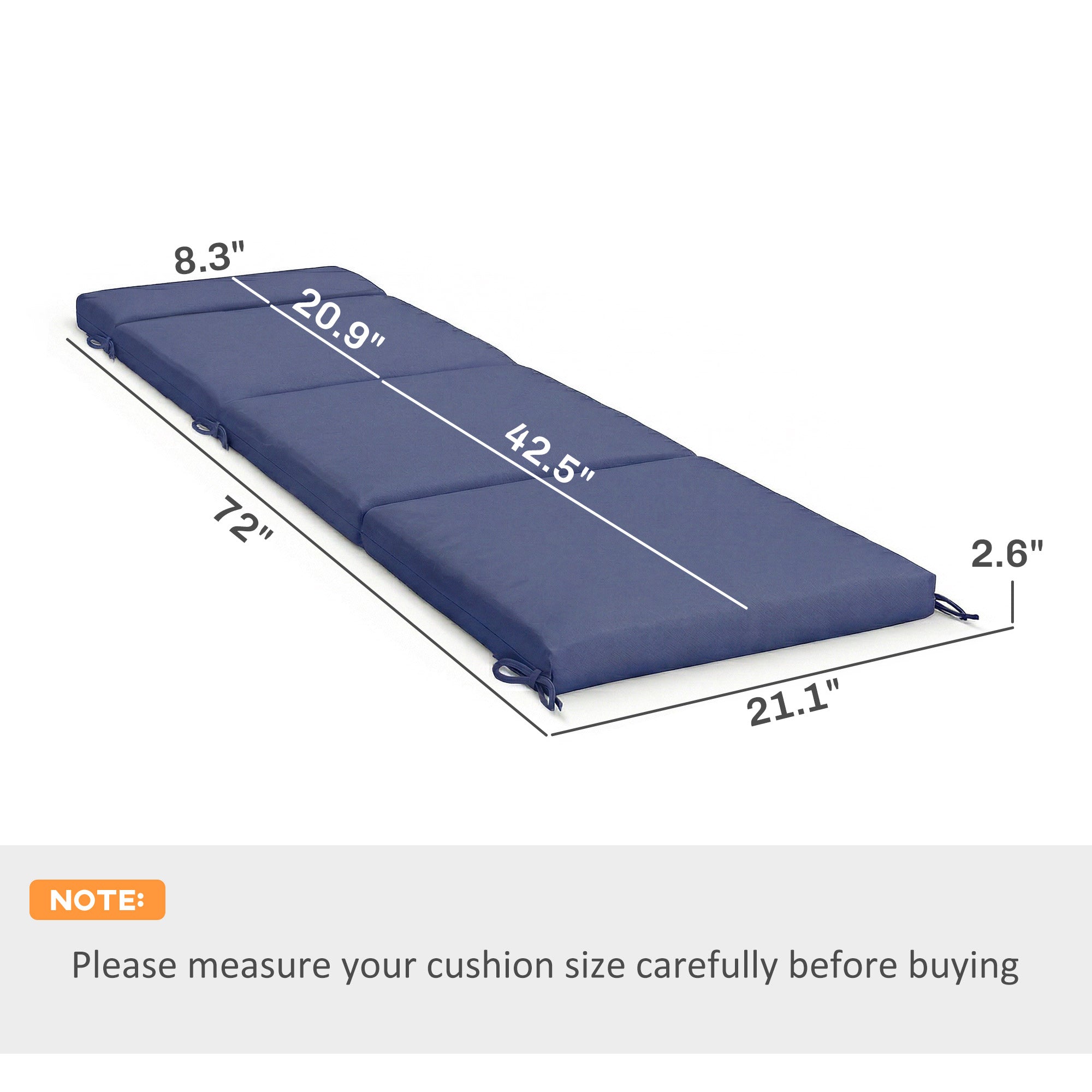 Outdoor Chaise Lounge Cushions Set of 2 with 6 Ties, High-Density Foam, for Patio and Poolside, Navy Blue