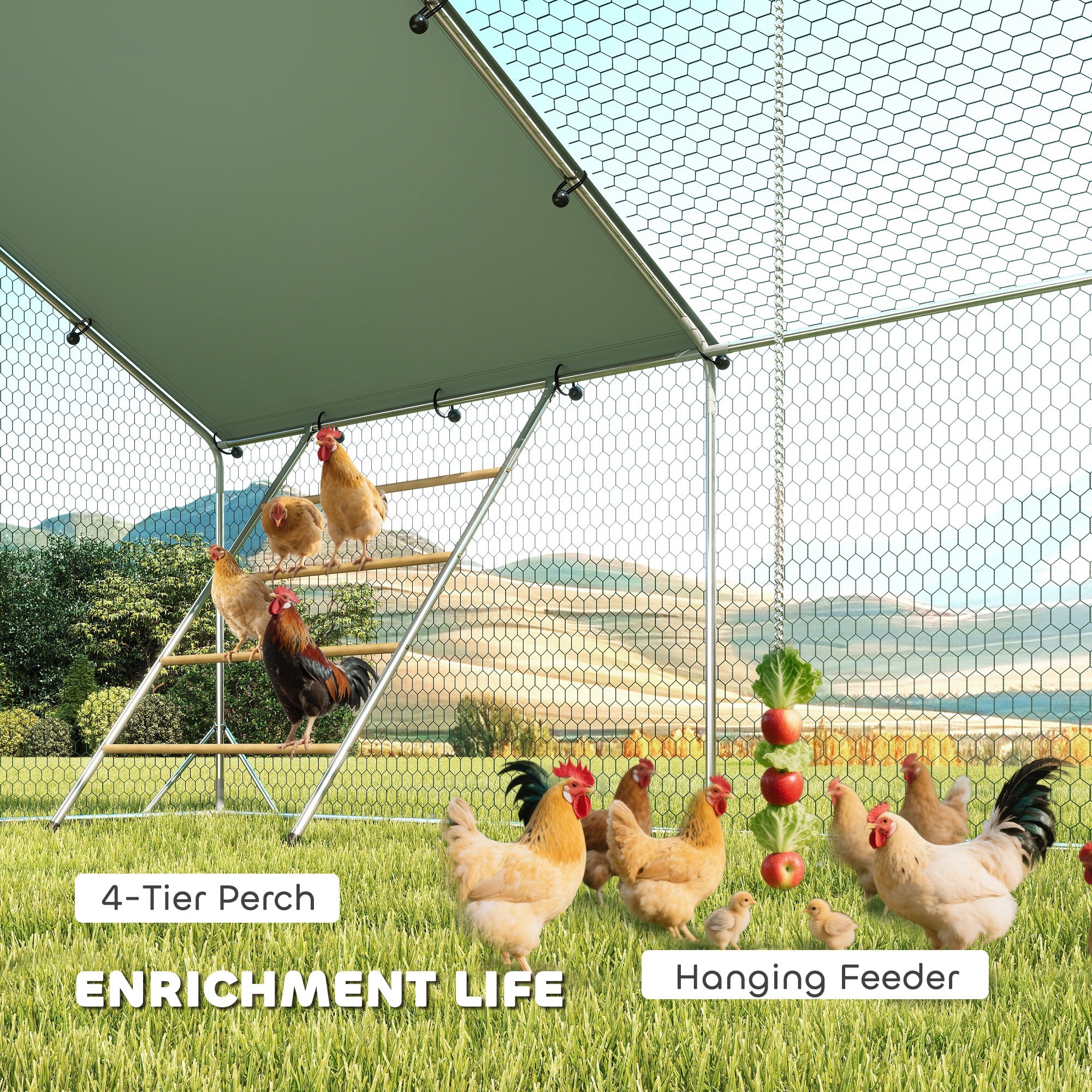 Metal Chicken Coop, 26' x 10' x 6.4' Large Chicken Run with Feeding Door, Waterproof Cover, Hanging Feeder, Perch