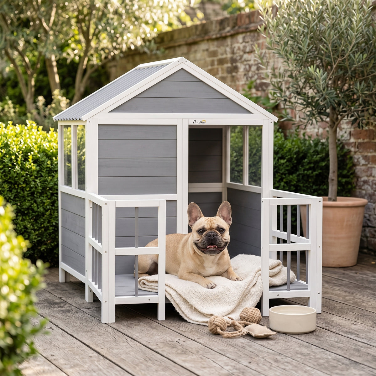 Outdoor Dog House, 61"L Wooden Dog House with Porch, Weatherproof Roof, Elevated Base, Air Vents & Observation Windows
