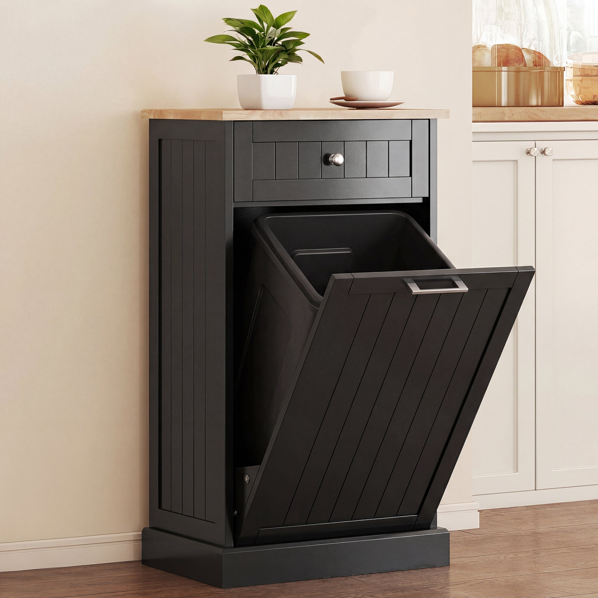 10 Gallon Tilt Out Trash Cabinet, Wooden Hidden Trash Can with Storage Drawer for Kitchen, Laundry Hamper Cabinet for Bathroom, Black
