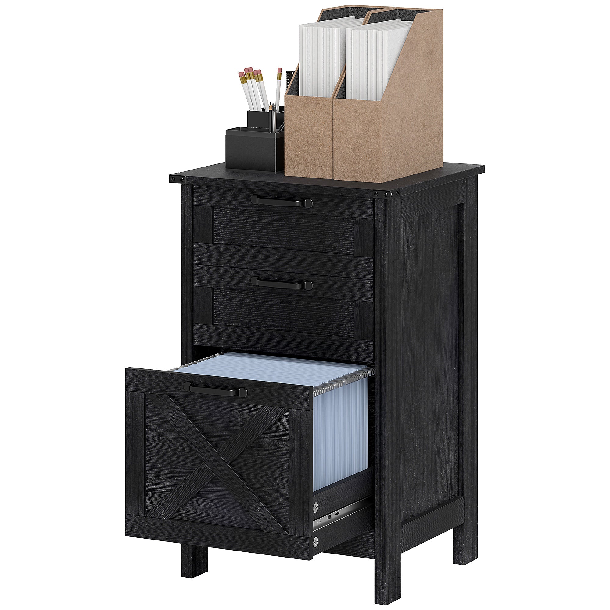 Vertical File Cabinet with 3 Drawers, Rustic Farmhouse Office Storage Cabinet for A4, Letter Size, Distressed Black