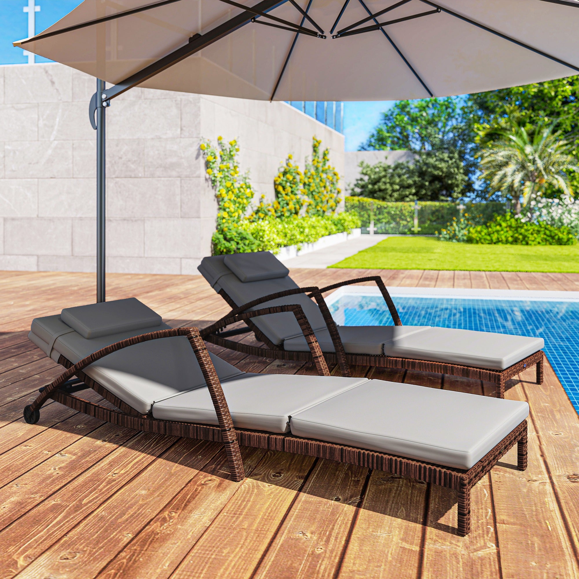 Set of 2 Wicker Chaise Lounge Chair Outdoor Patio Lounger with 5 Adjustable Back, Wheels, Cushion, and Armrests, Gray