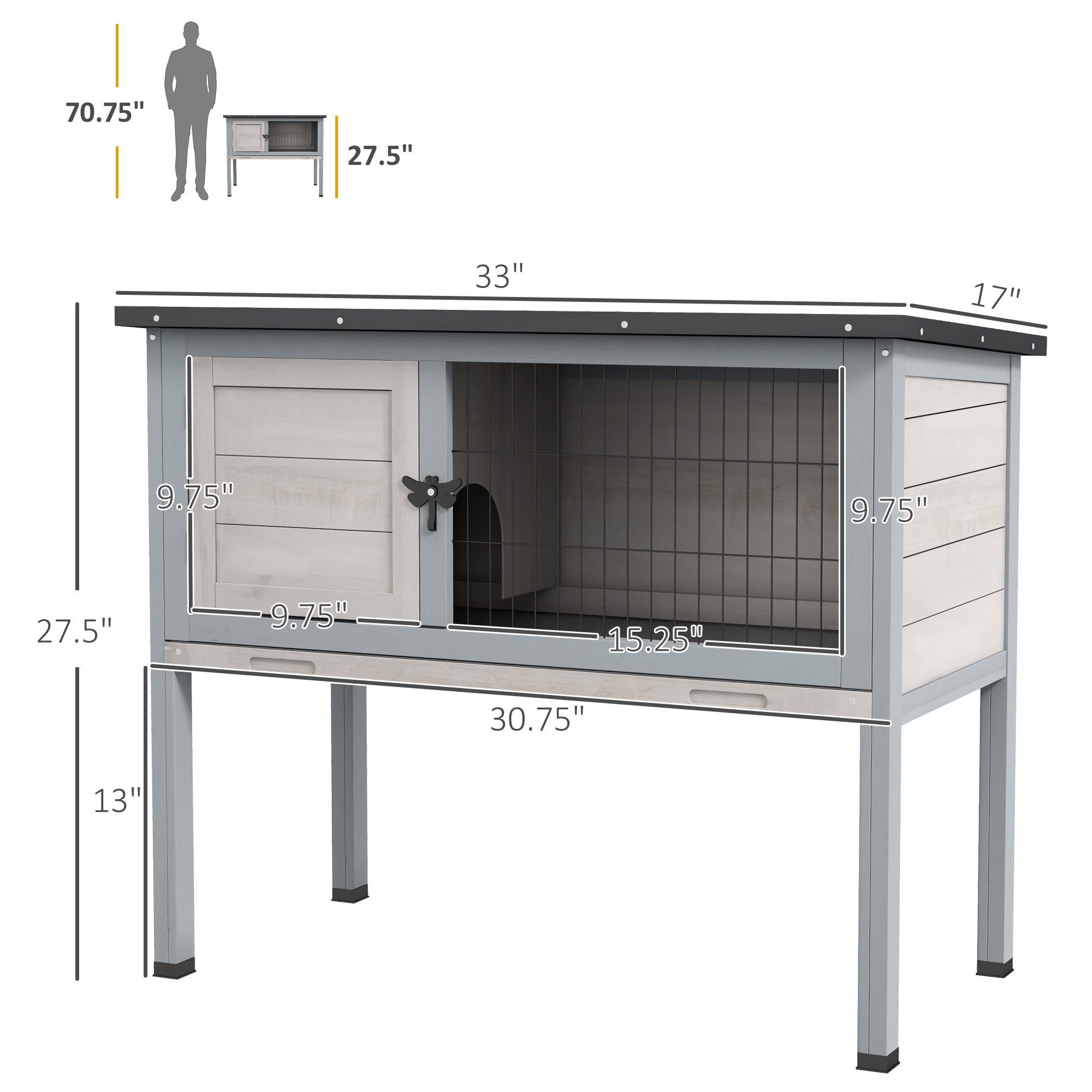 Elevated Rabbit Hutch, Wooden Bunny Cage with Hinged Asphalt Roof and Removable Tray, for Indoor/Outdoor, Gray
