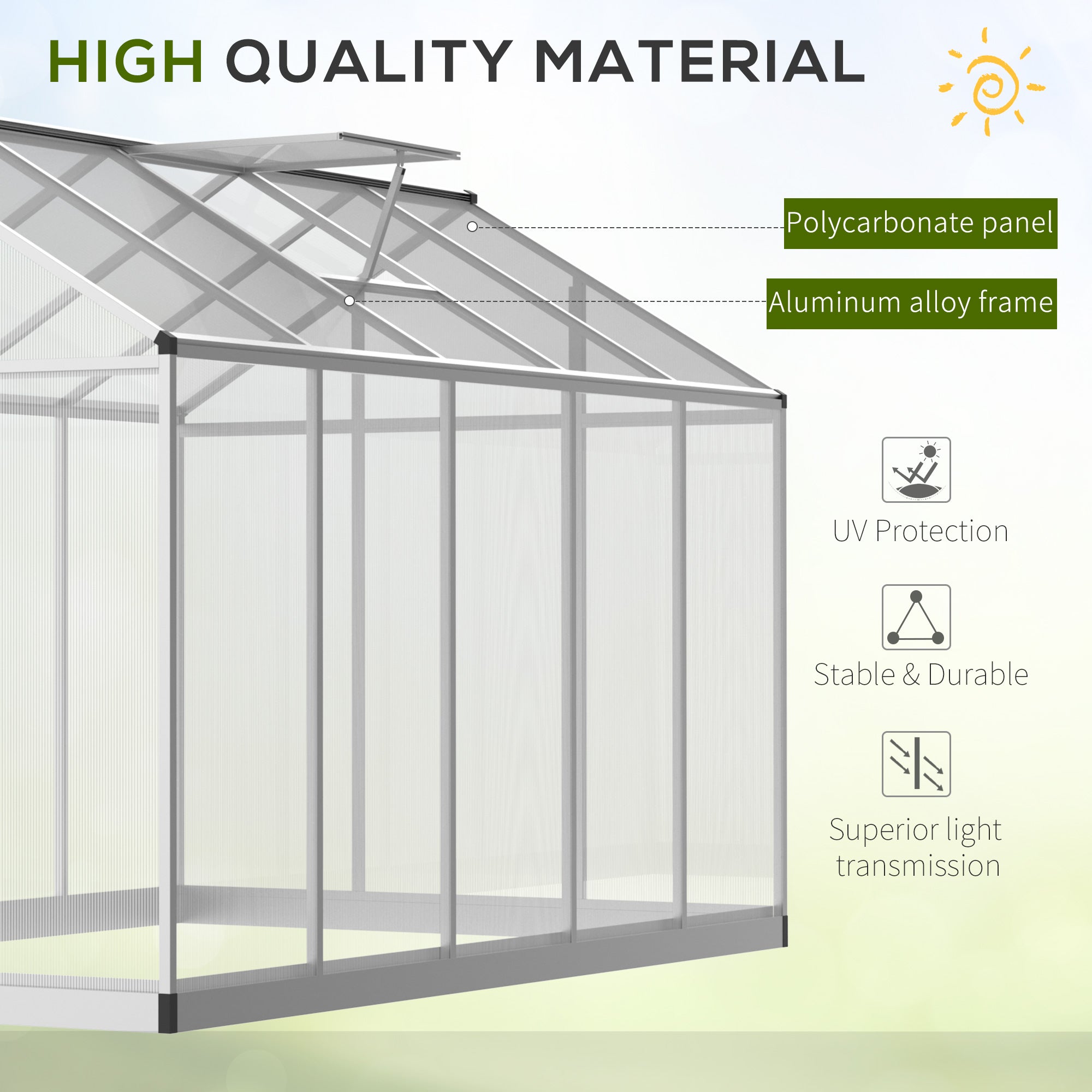 10' L x 6' W Walk-In Polycarbonate Greenhouse with Roof Vent for Ventilation & Rain Gutter for Winter
