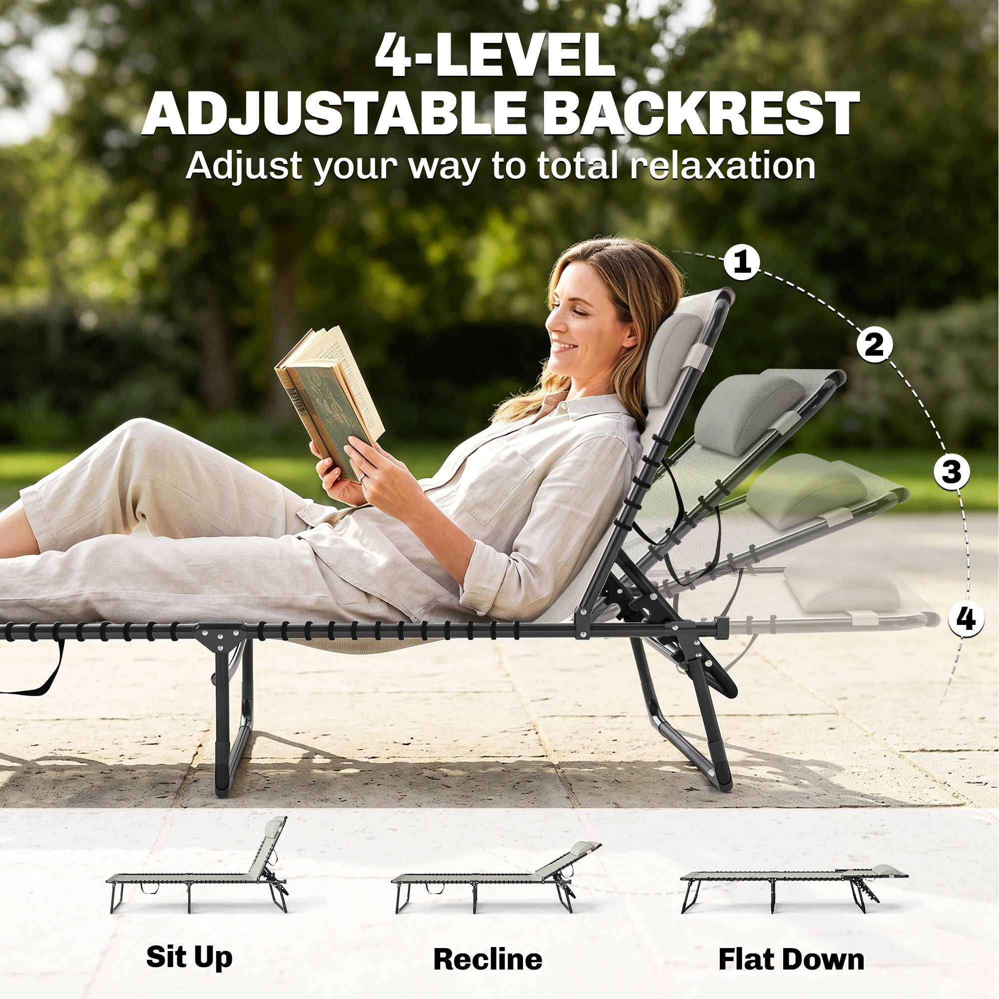 2 Folding Chaise Lounge Pool Chairs with 4-Position Reclining Back, Pillow, Breathable Mesh & Bungee Seat, Dark Blue