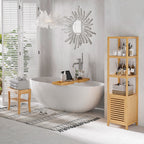 Long Bamboo Shower Bench Seat, 20" Wooden Spa Shower Stool with Underneath Storage Shelf Shoe Organizer