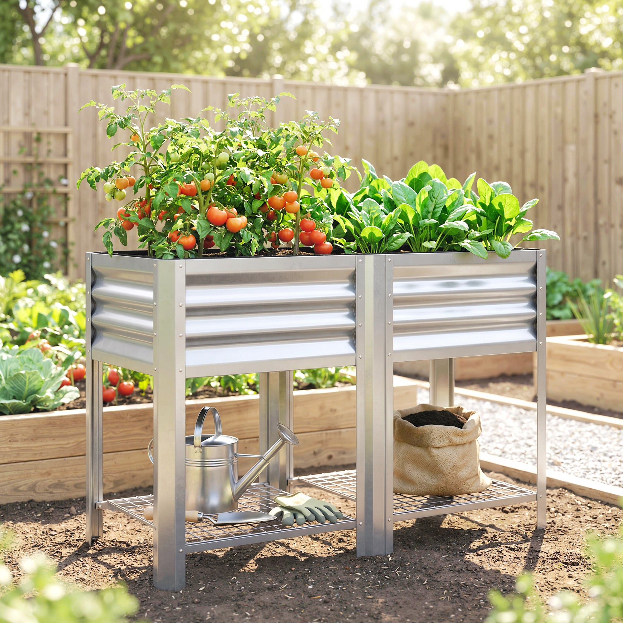 Raised Garden Bed Galvanized Steel, Elevated Planter Box with Storage Shelf, Bed Liner, 31.5" High, Silver