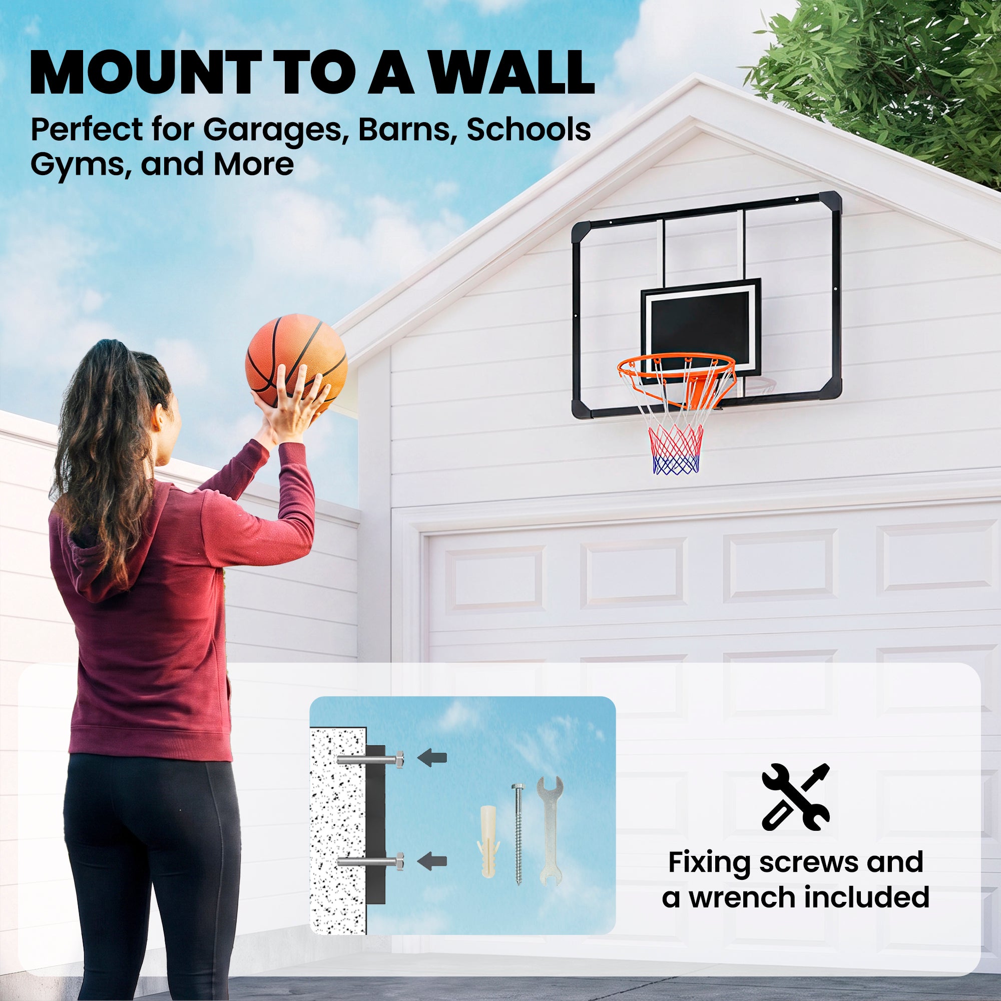 Wall Mounted Basketball Hoop with Shatter Proof Backboard, Durable Rim and All-Weather Net for Indoor and Outdoor Use