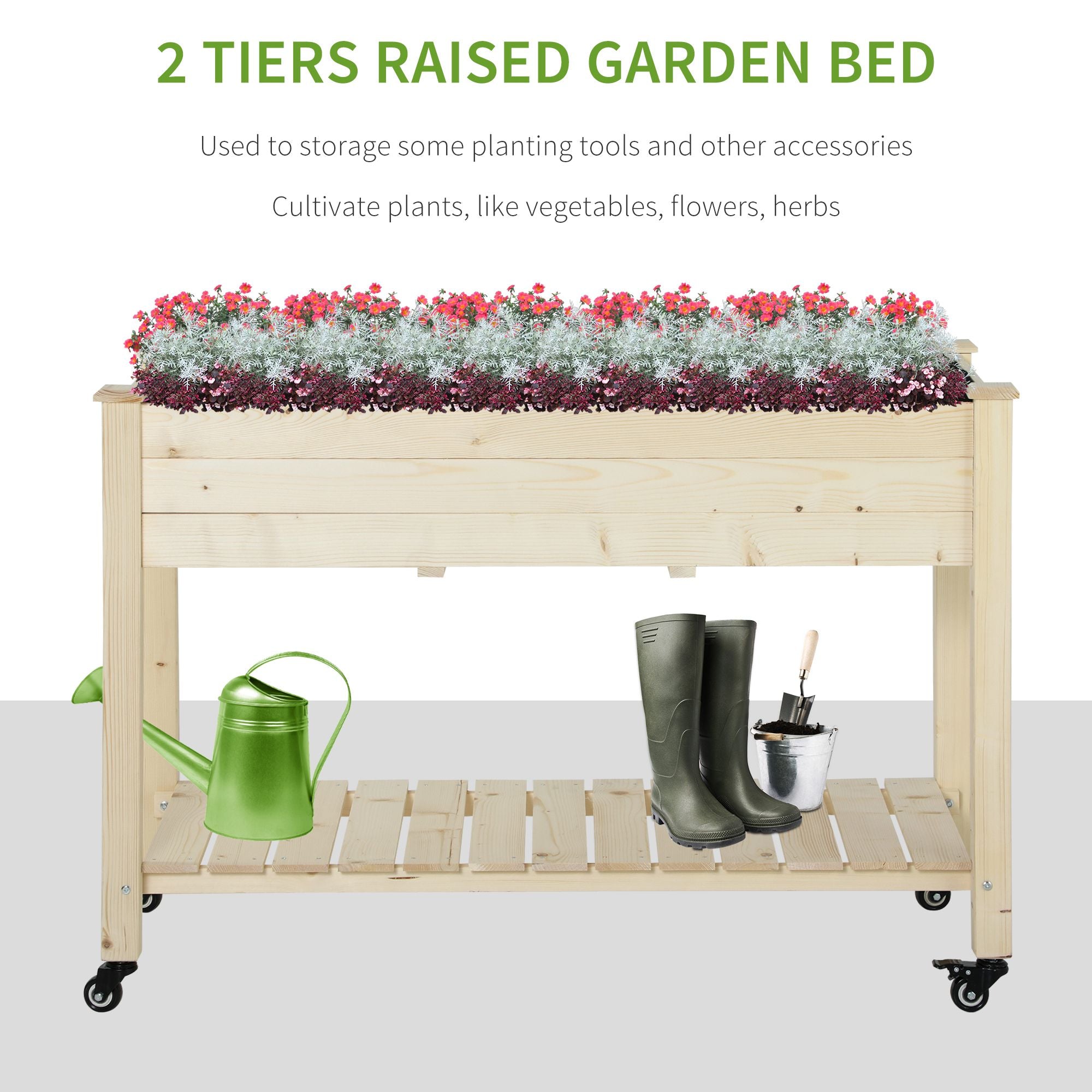 Raised Garden Bed, 47" x 22" x 33", Elevated Wooden Planter Box w/ Lockable Wheels, Storage Shelf, and Bed Liner for Backyard, Patio, Natural