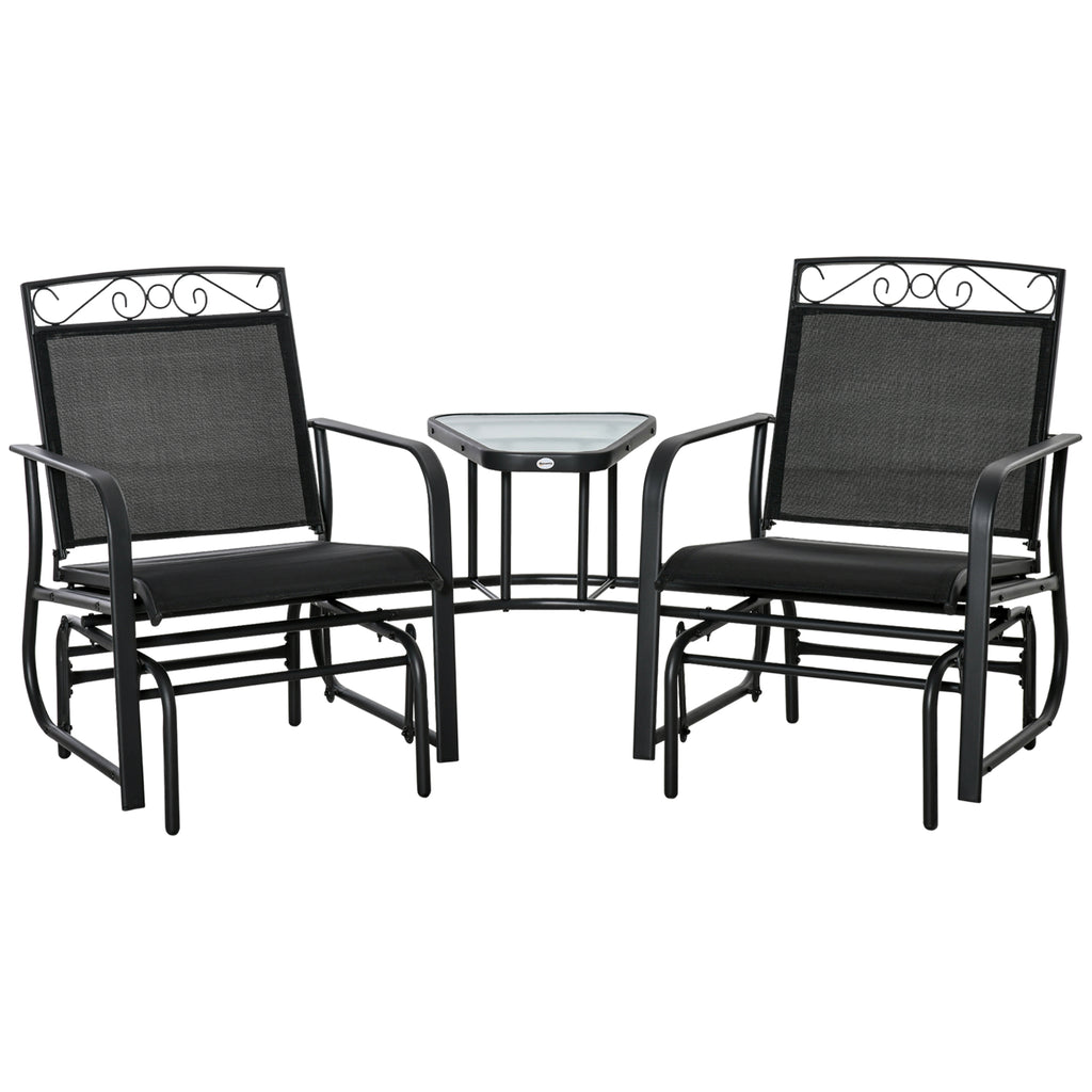 Outdoor Glider Chairs with Coffee Table, Patio 2-Seat Rocking Chair Swing with Breathable Sling for Backyard, Black