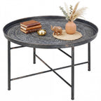 Coffee Table for Living Room, 24" Round Center Table with Hammered Tray Top and Metal Frame for Bedroom, Pewter