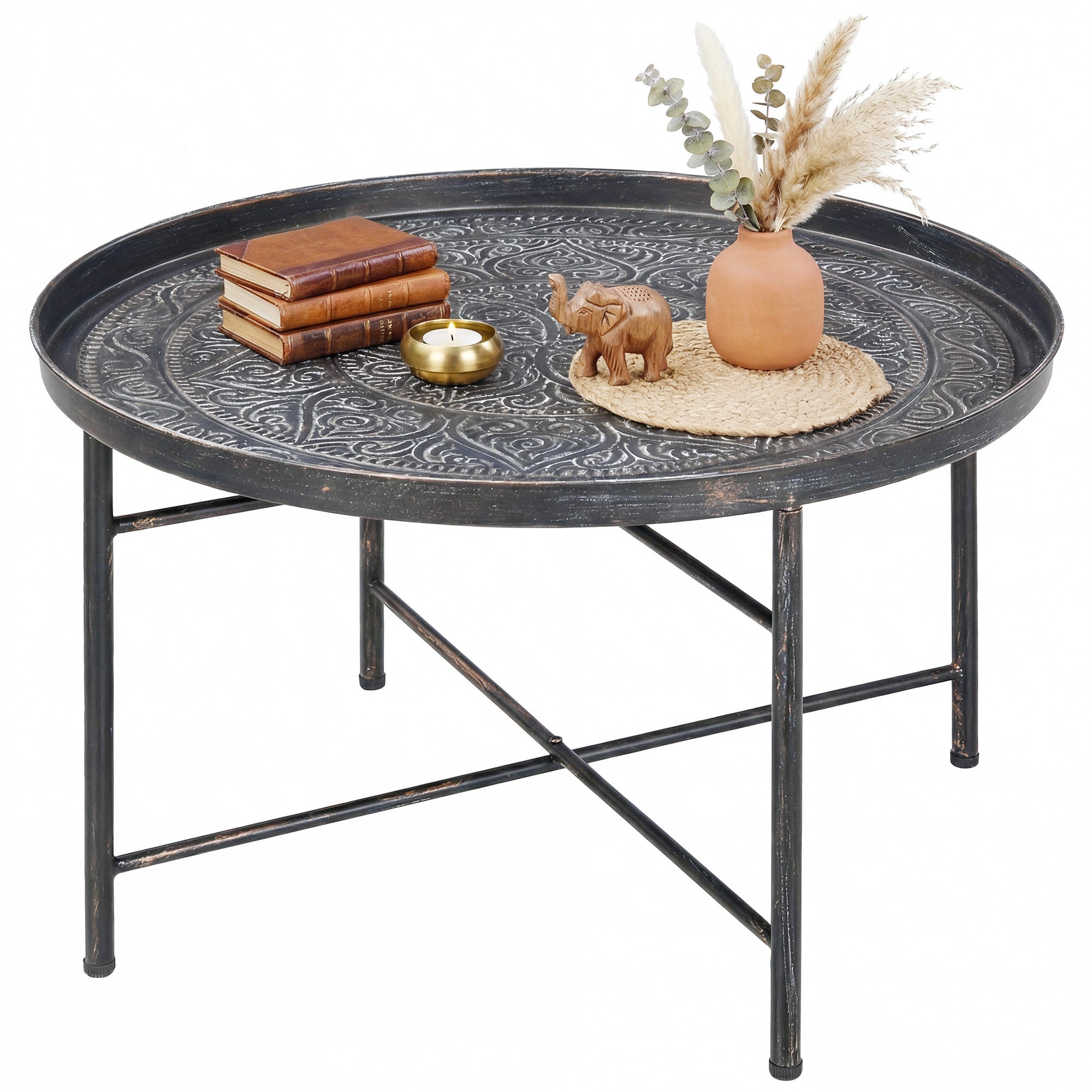 Coffee Table for Living Room, 24" Round Center Table with Hammered Tray Top and Metal Frame for Bedroom, Pewter