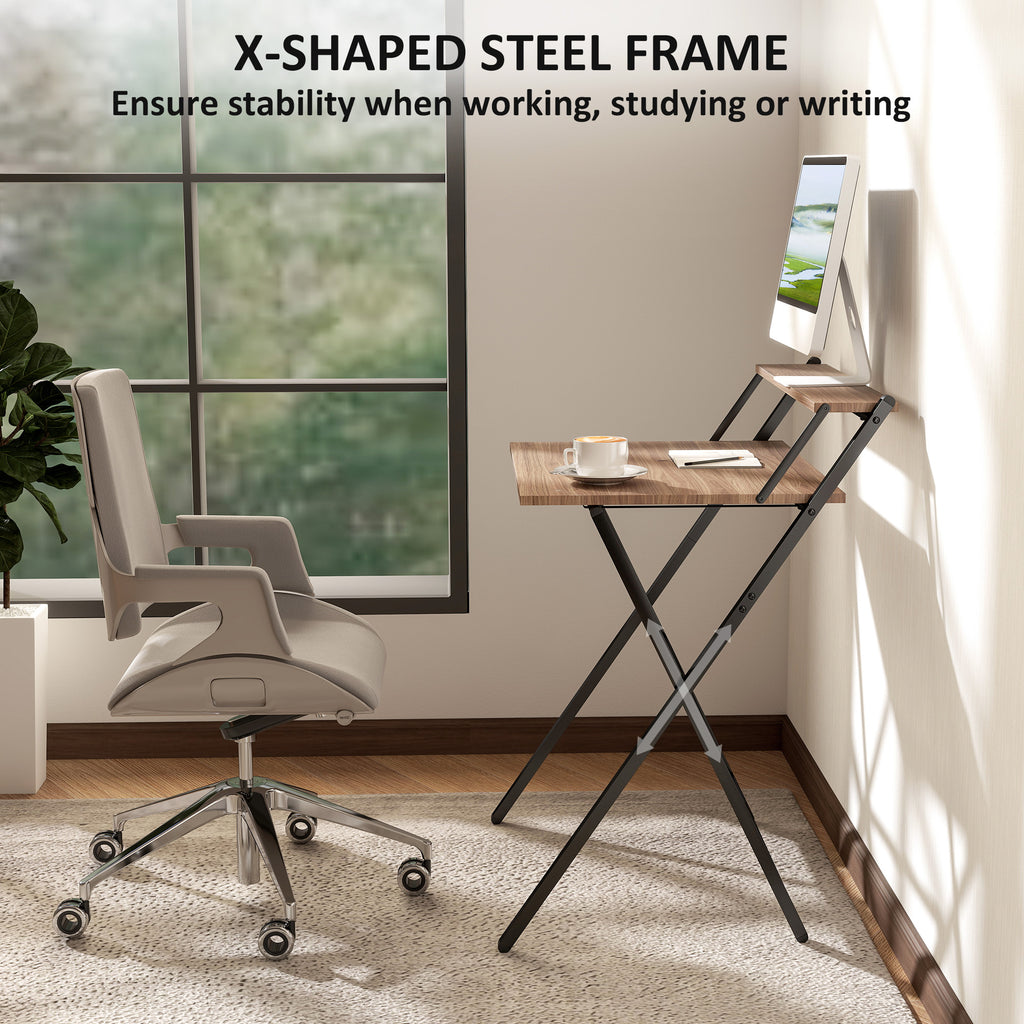 Folding Computer Desk, 27.6" Foldable Desk with Monitor Shelf for Small Space, Home Office, Study, Easy Assembly, Walnut