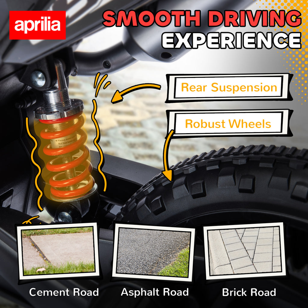 12V Aprilia Licenced Kids Motorcycle with Training Wheels, Spring Suspension, LED Light, USB, Music, Red
