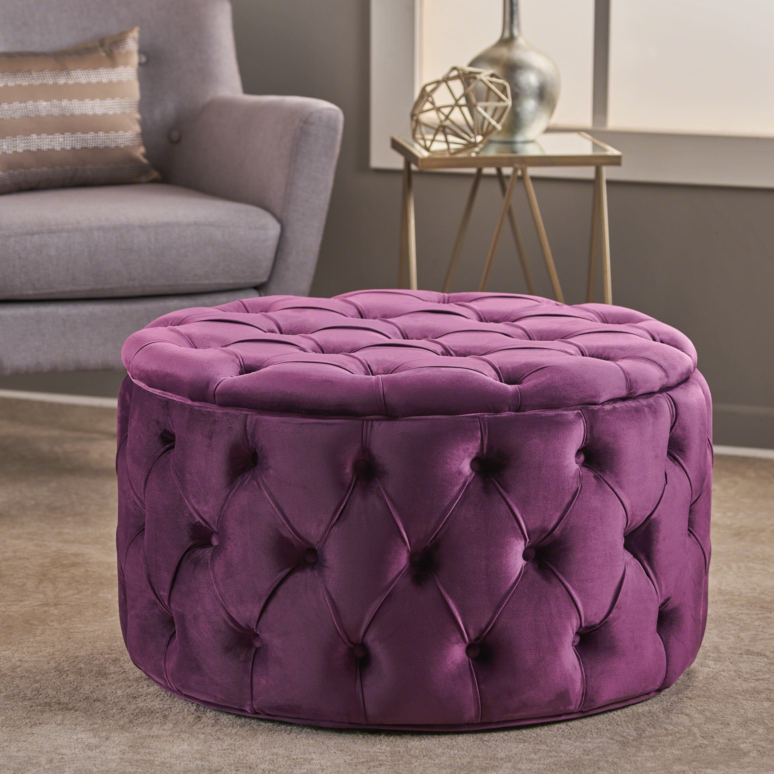 Modern Glam Round Velvet Ottoman with Cushioned Top, Sturdy Frame, and Space-Saving Design, 29.5" L x 29.5" W x 18" H, Fuchsia