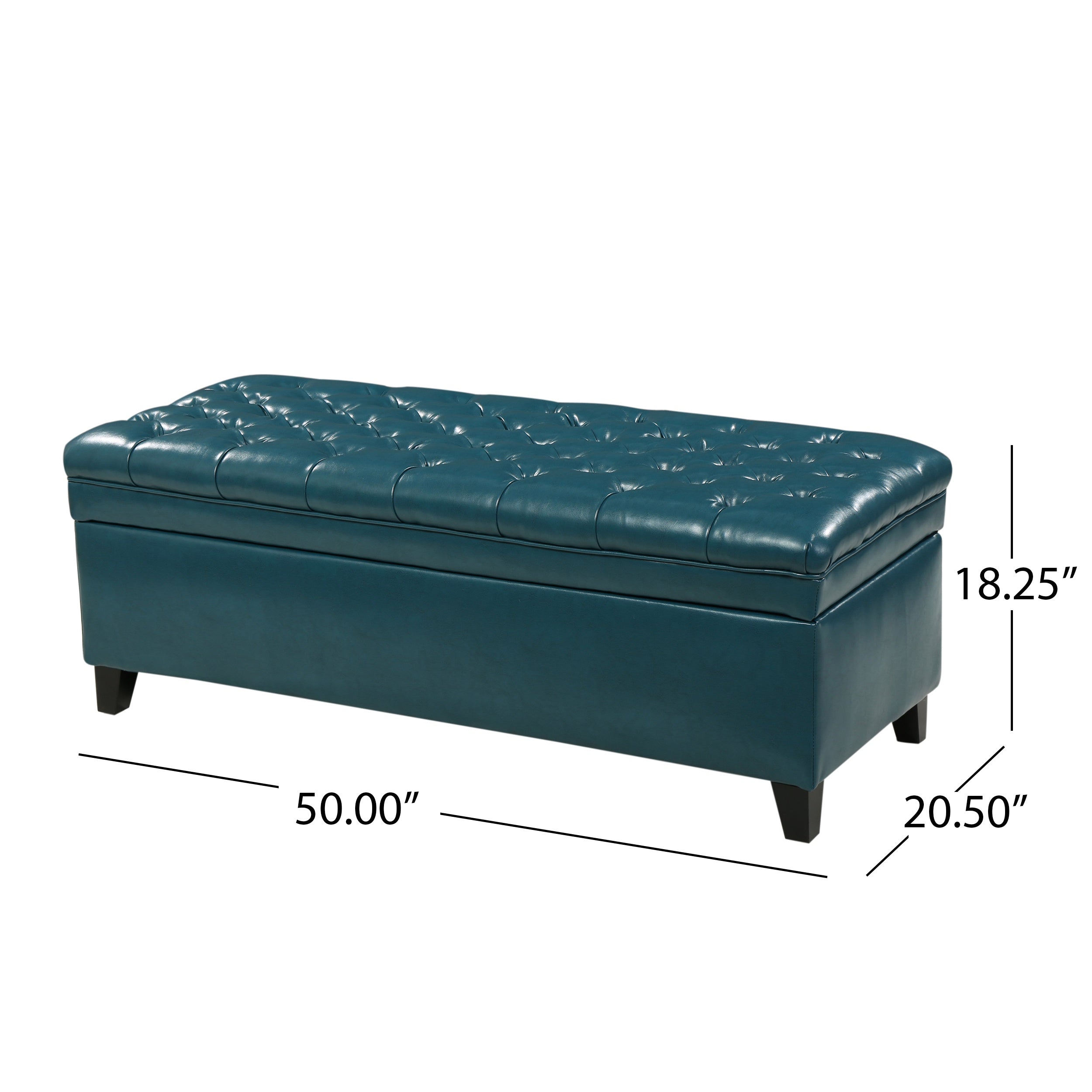 Storage Ottoman with Birch Legs, Faux Leather Tufted, 50" L x 20.5" W x 18.25" H, Spot Clean, Teal