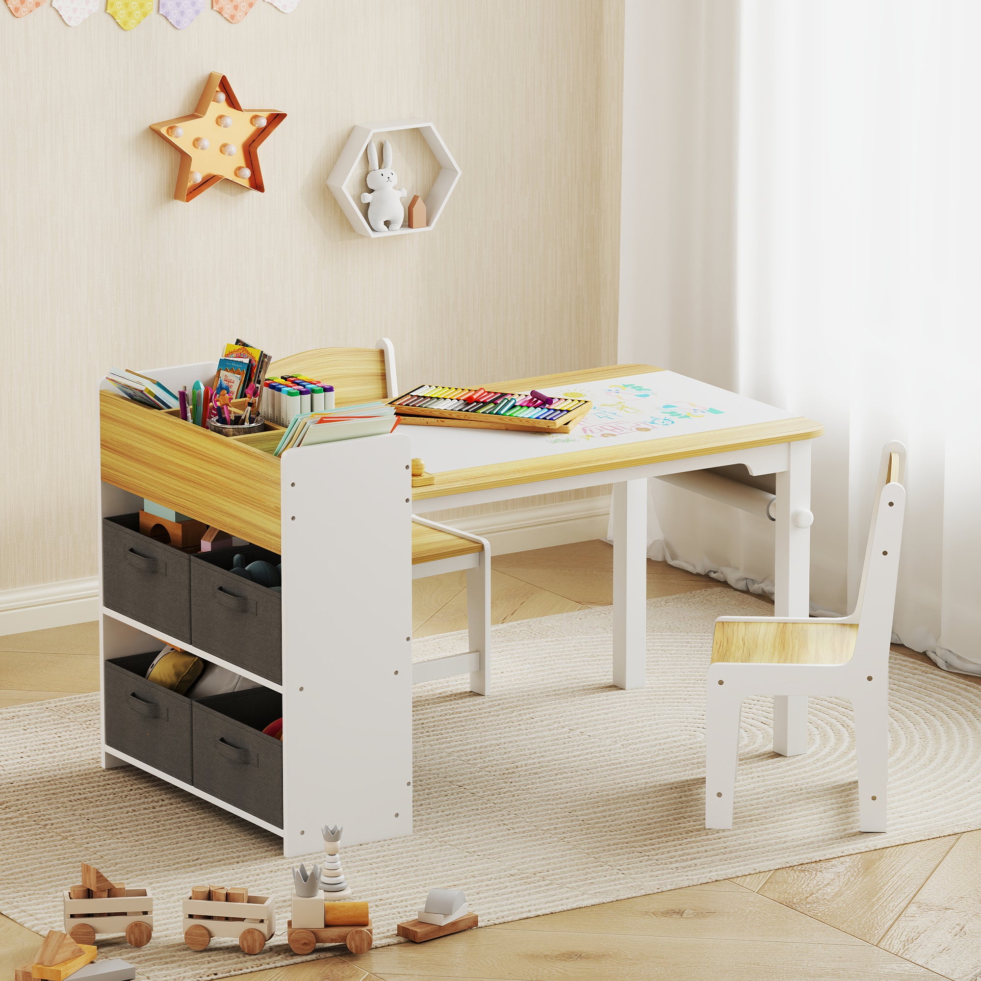 Kids Desk and Chair Set with Paper Roll, Kids Activity Craft Table with Storage Shelves and Drawers, Natural Wood